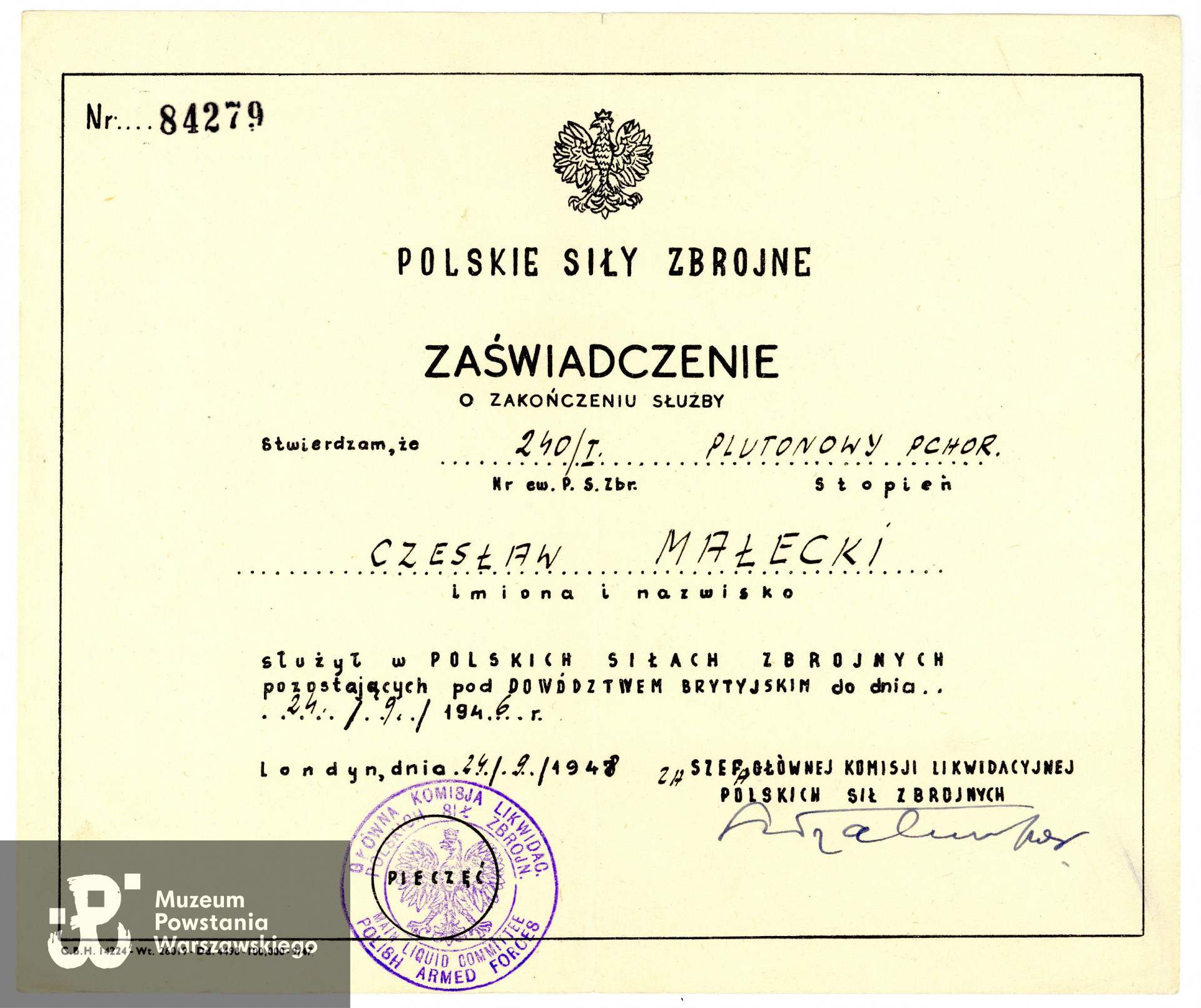 Zaświadczenie o zakończeniu służby w Polskich Siłach Zbrojnych