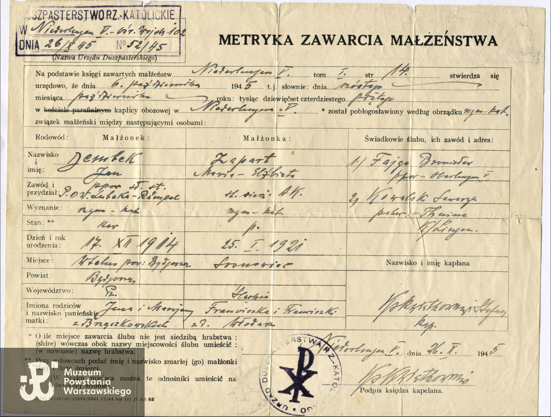 Akt małżeństwa zawartego w Oberlangen. Z archiwum rodzinnego p. Marii Elżbiety Dembek z d. Zapart, udostępnił syn, p. Roman Dembek