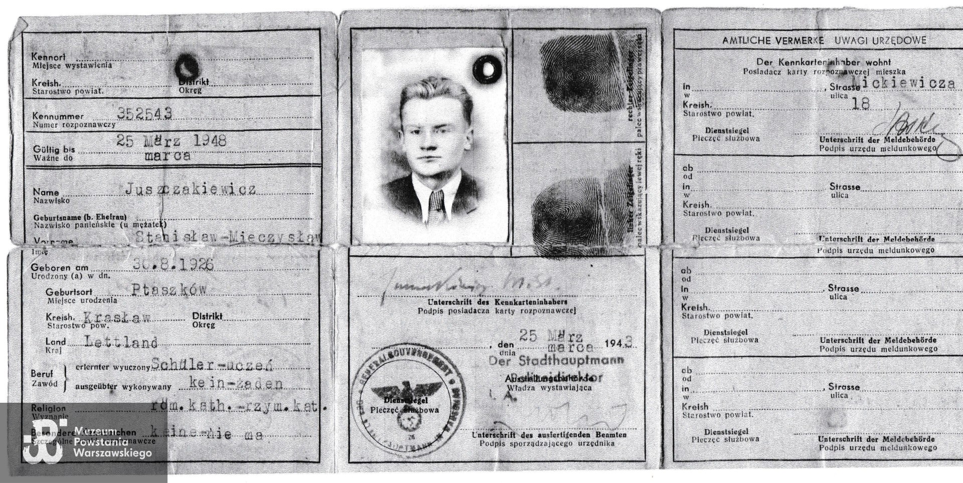 Kopia kenkarty z okresu okupacji niemieckiej. W imieniu Powstańca skan udostępniła p. Danuta Juszczakiewicz