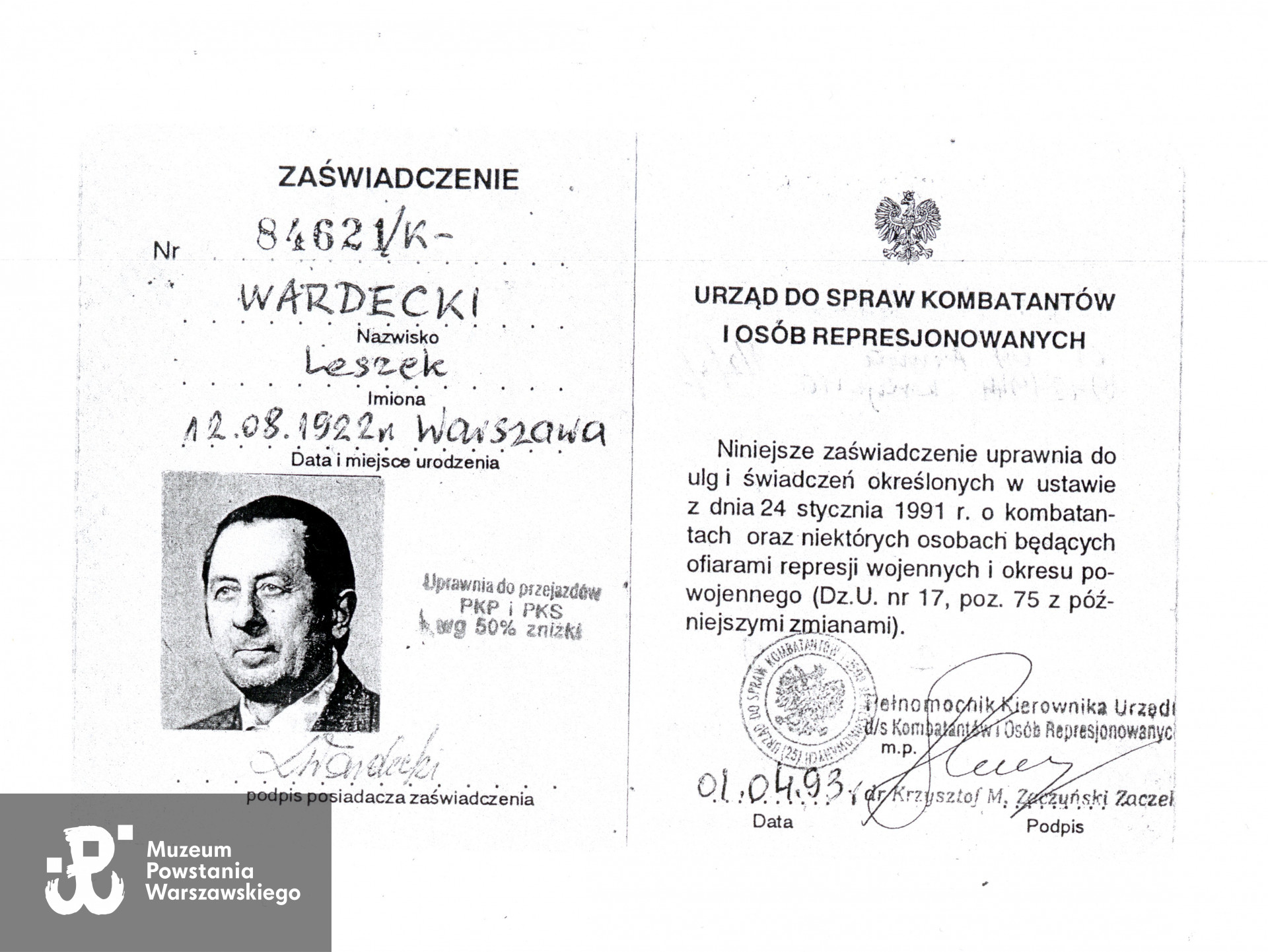Muzeum Powstania Warszawskiego, Teczki personalne uczestników Powstania Warszawskiego: Wardecki Leszek