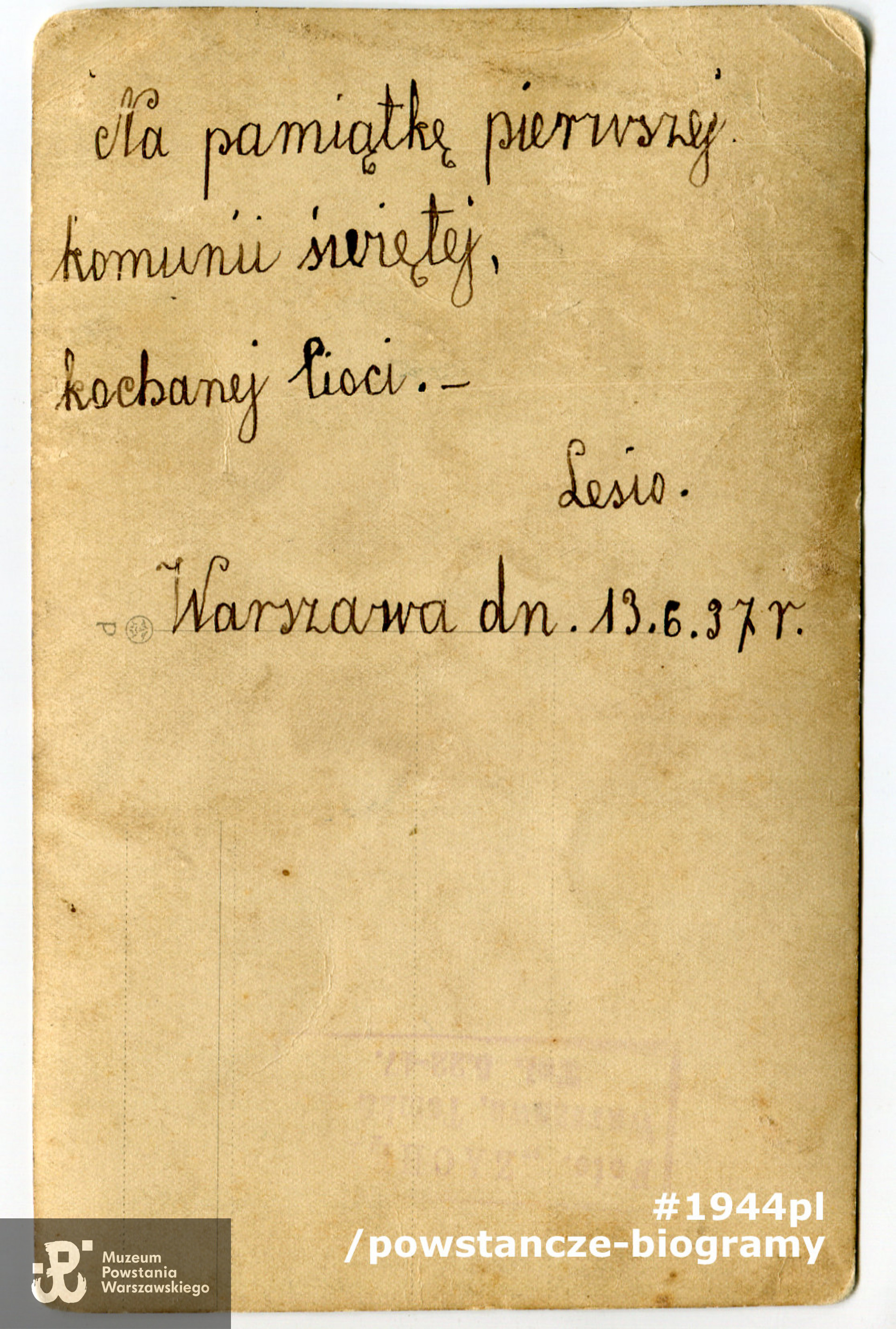 Pamiątka  Pierwszej Komunii Świętej - 1937 rok.  Fot. ze zbiorów rodzinnych p. Barbary Warot