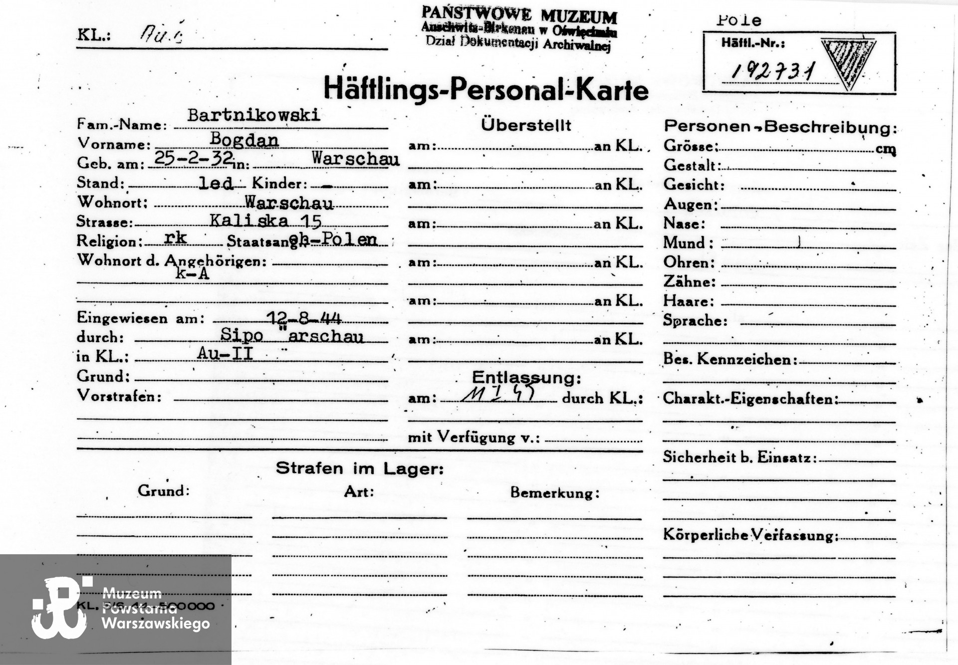 Häftlings-Personal-Karte - karta personalna więźnia. Zbiory Państwowego Muzeum Auschwitz-Birkenau w Oświęcimiu, kserokopię udostępnił p. Bogdan Bartnikowski (2022). 