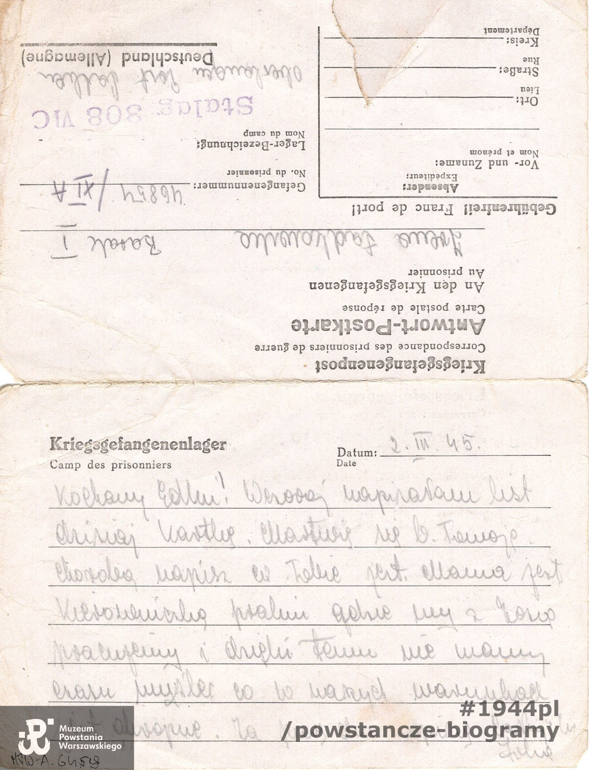 Listy obozowe  Ireny do por. por. Edwarda Ładkowskiego "Kulawego". Ze zbiorów Muzeum Powstania Warszawskiego