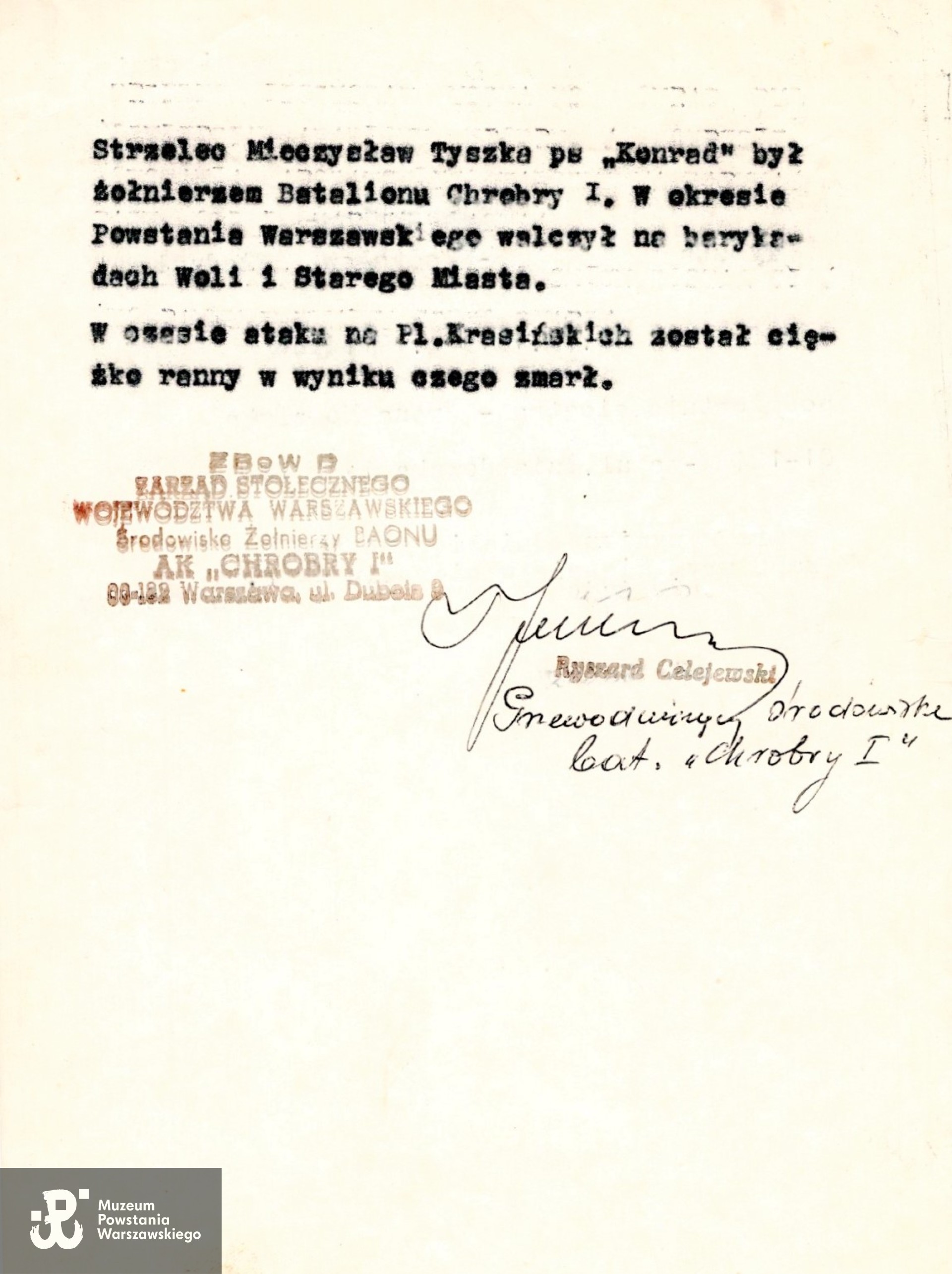 Uzasadnienie do wniosku o  odznaczenia pośmiertnie Mieczysława Tyszki Warszawskim Krzyżem Powstańczym.