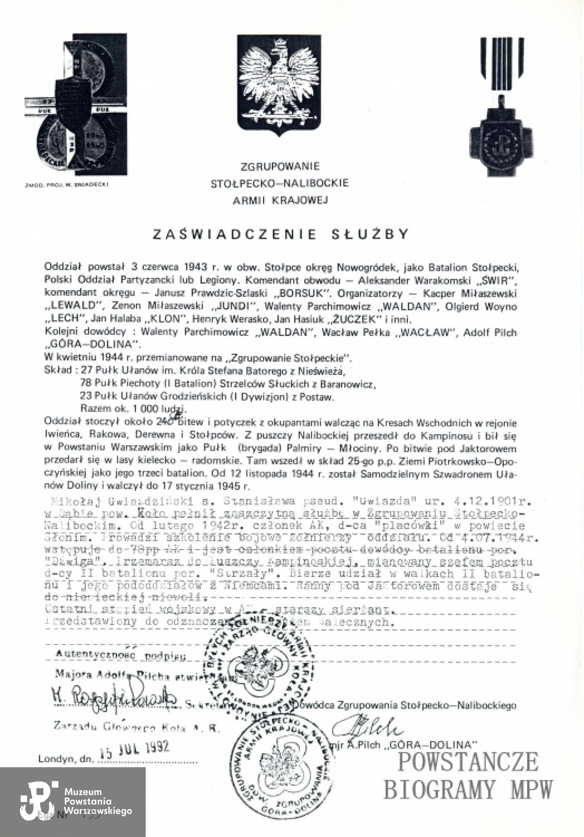 Zaświadczenie służby. Z archiwum rodzinnego Bernarda Gwiaździńskiego