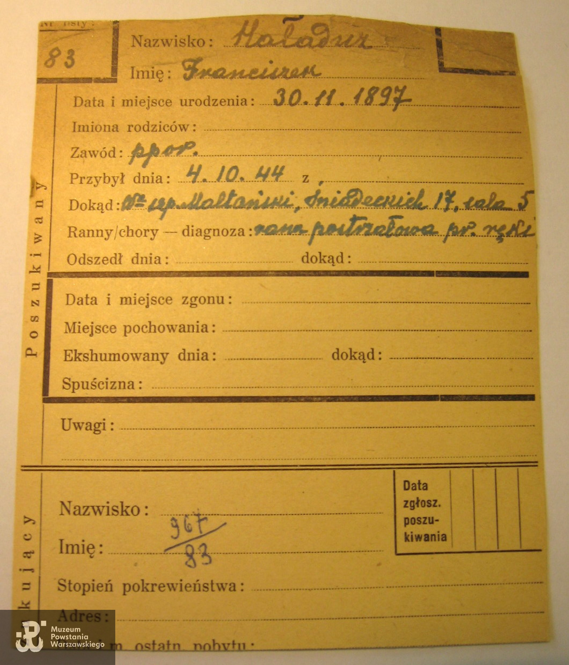 PCK -kartoteka. Dokument wystawiony na "lewe" nazwisko Franciszek Haładus (tutaj zapisany jako Haładuz)