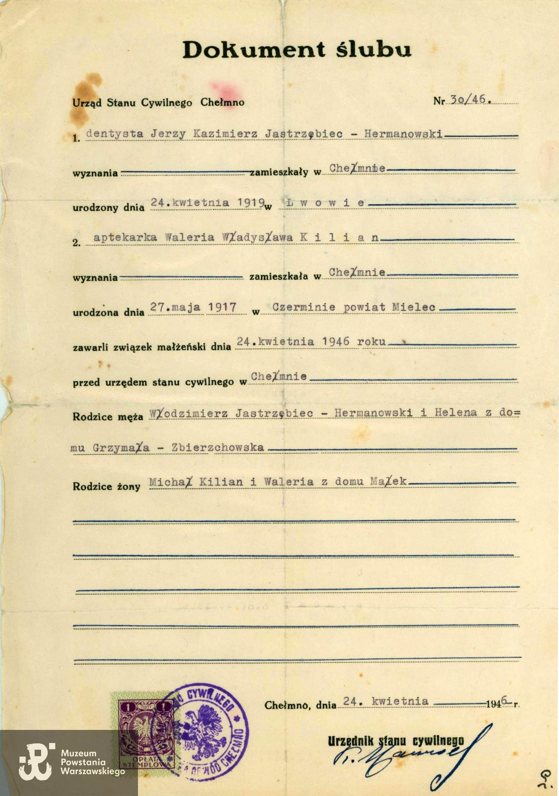 Dokument ślub, USC w Chełmie, nr aktu 30/46. Ze zbiorów rodzinnych p. Ewy Mączewskiej z domu Jastrzębiec - Hermanowskiej.