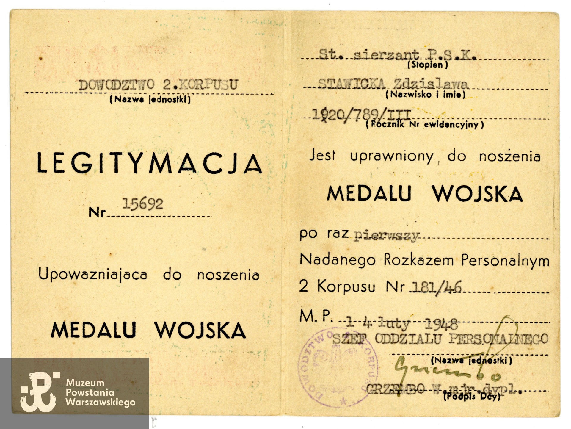 Legitymacja odznaczeniowa - Medal Wojska
