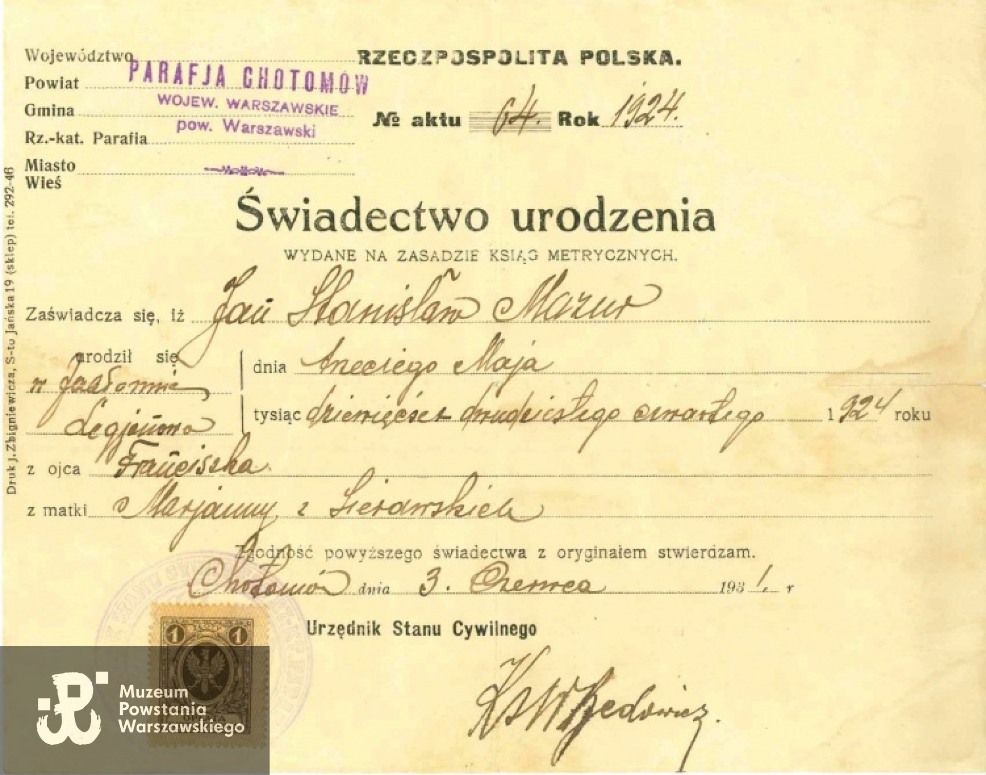 Świadectwo urodzenia. Dokument udostępniony przez p. Piotra Chróściela