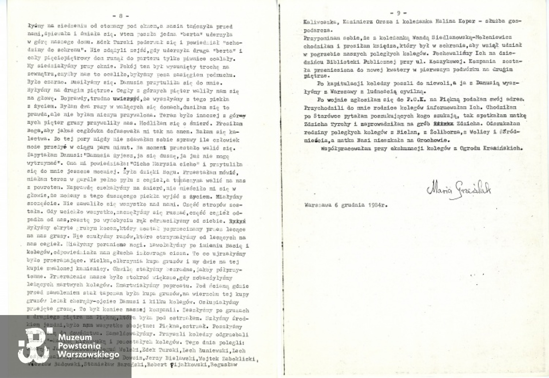 Maszynopis wspomnień Marii Grześlak z d. Paciorek, MPW-zbiory, sygn. P/2158 (fragment)