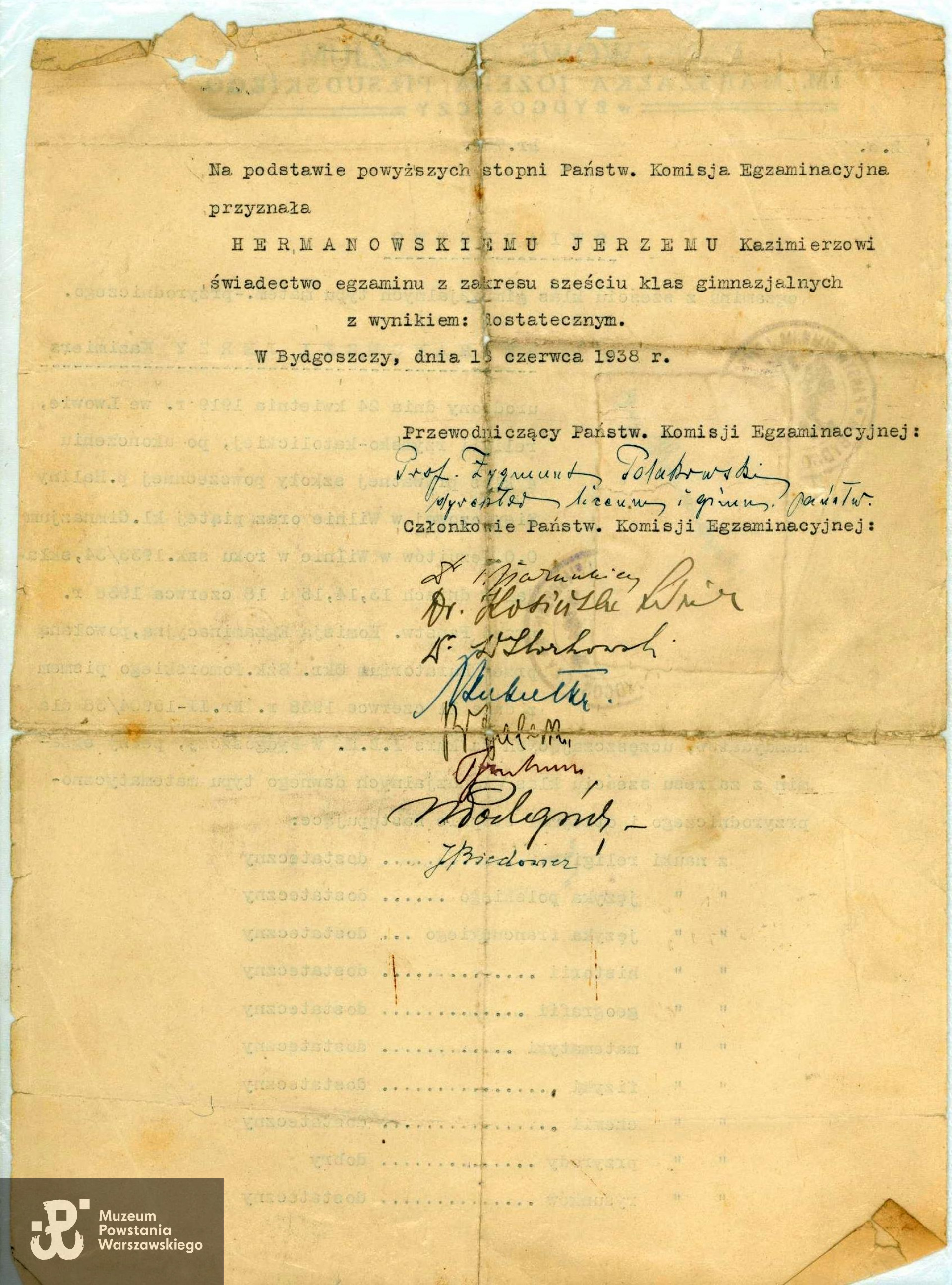 Świadectwo ukończenia nauki gimnazjalnej (1938). Ze zbiorów rodzinnych p. Ewy Mączewskiej z domu Jastrzębiec - Hermanowskiej.