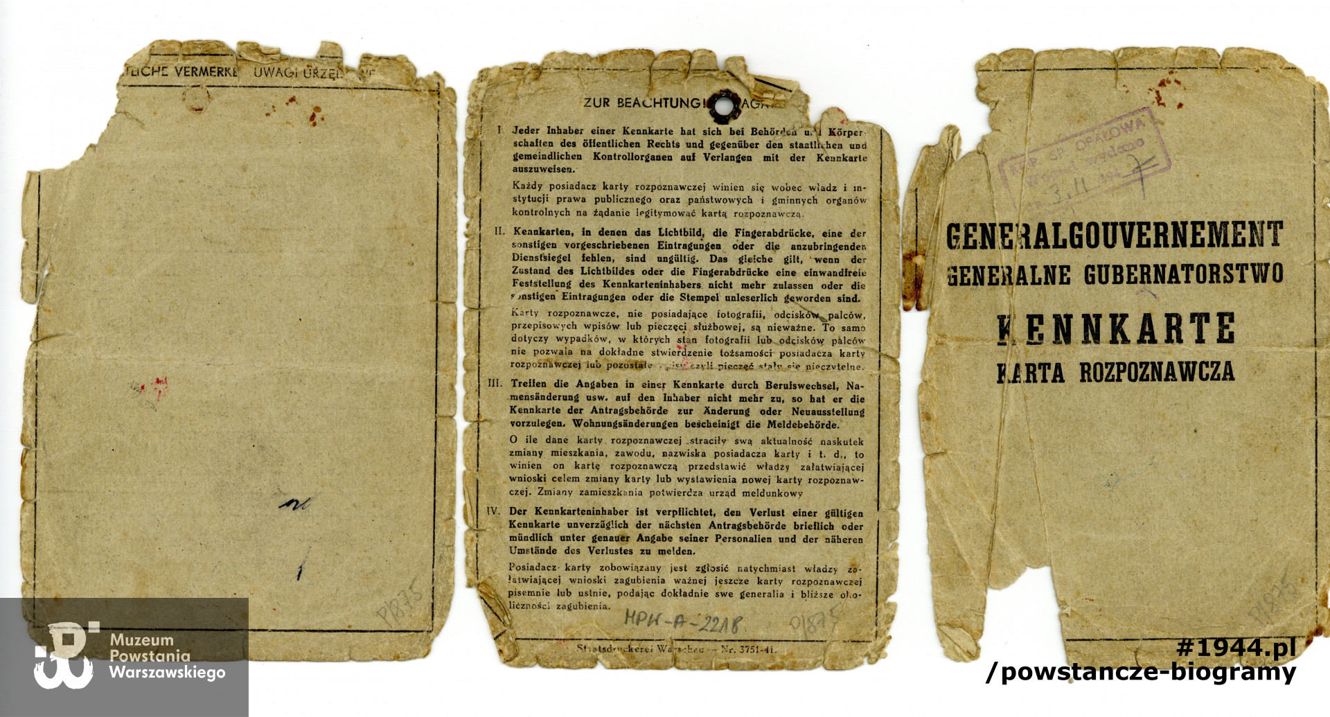 Należąca do Stanisława kenkarta  (niem. Kennkarte, karta rozpoznawcza). Dokument wystawiony w okresie okupacji niemieckiej - 1942 r. Ze zbiorów Muzeum Powstania Warszawskiego, sygn. MPW-A/2218 (P/875)