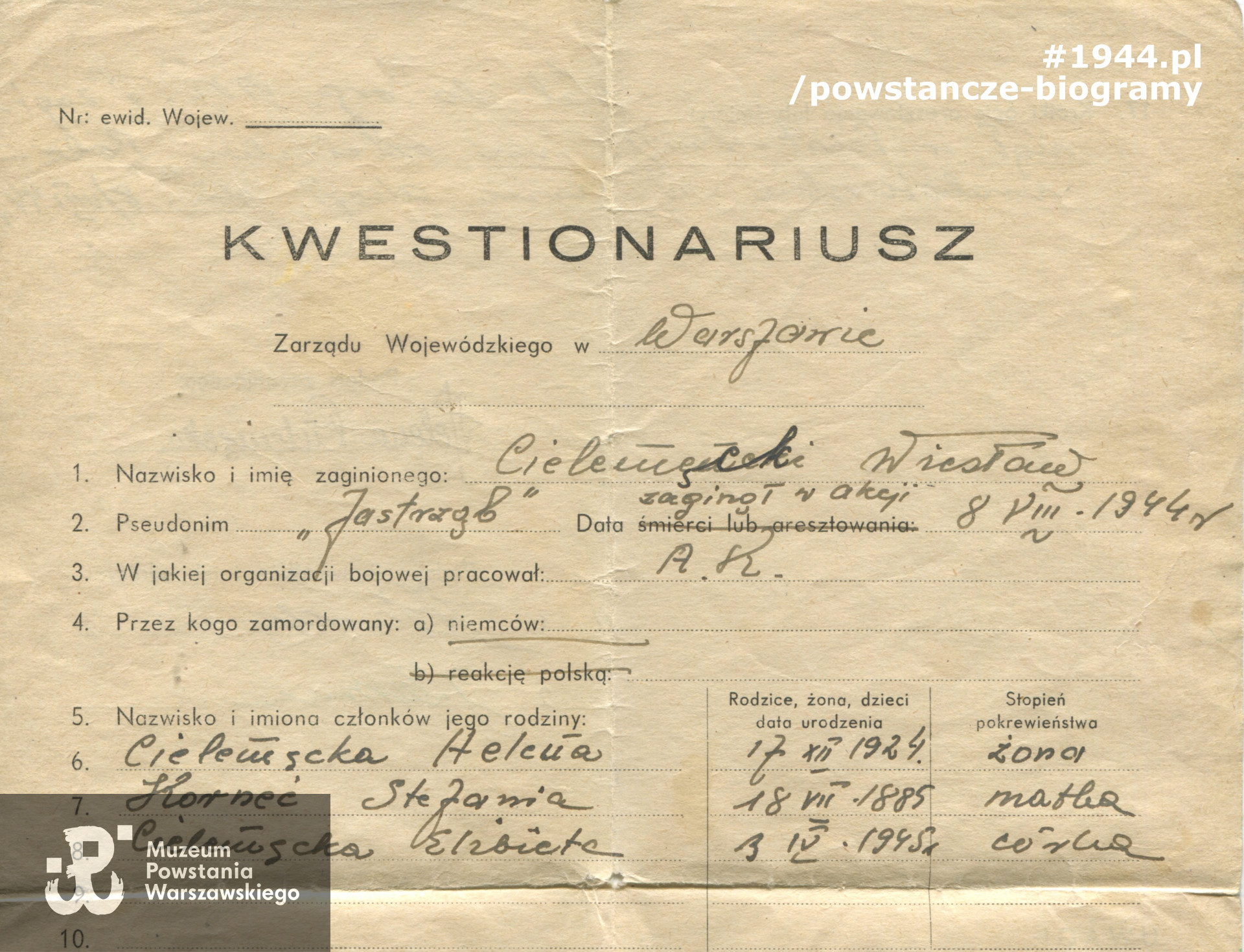 Dokument z archiwum rodzinnego Elżbiety Podbielskiej z d. Cielemęckiej
