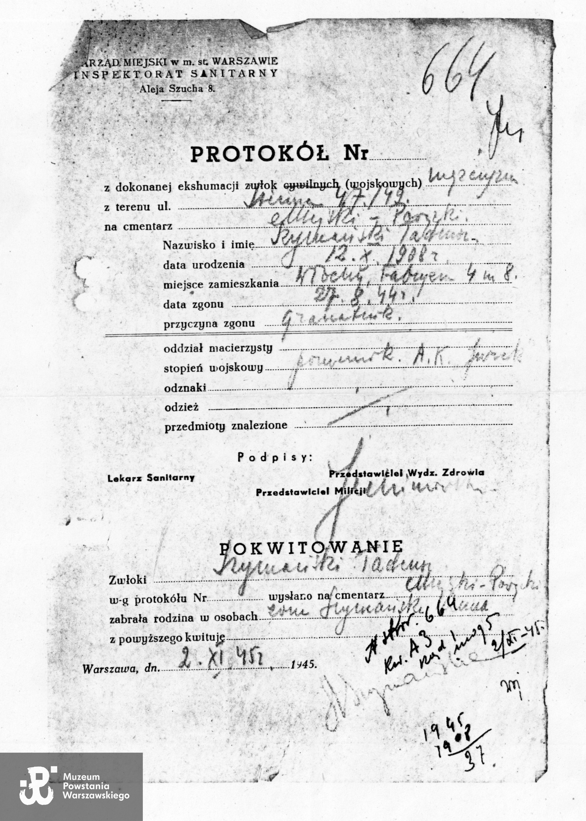 Kopia protokołu ekshumacyjnego Polskiego Czerwonego Krzyża, udostępnił syn,   p. Leszek  Szymański 