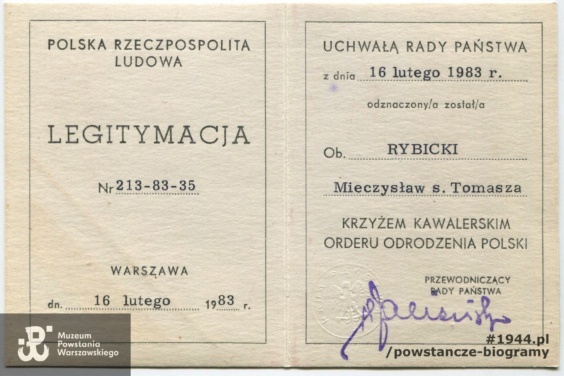 Legitymacja odznaczeniowa - KKOOP. Ze zbiorów Mieczysława Rybickiego