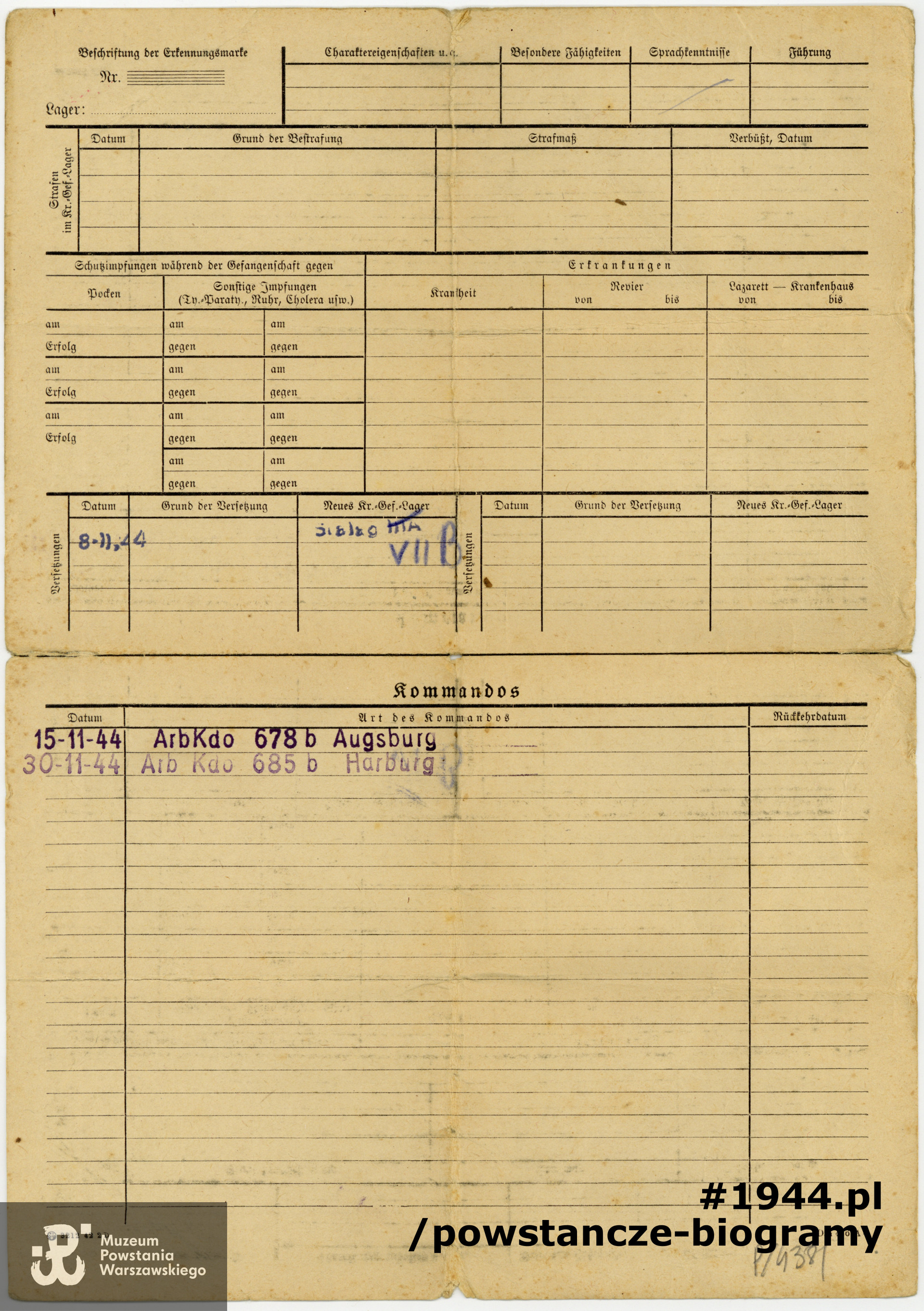 Karta personalna jeńca - rewers. Ze zbiorów Muzeum Powstania Warszawskiego, sygn. P/4381, przekazał p. Adam Berkieta