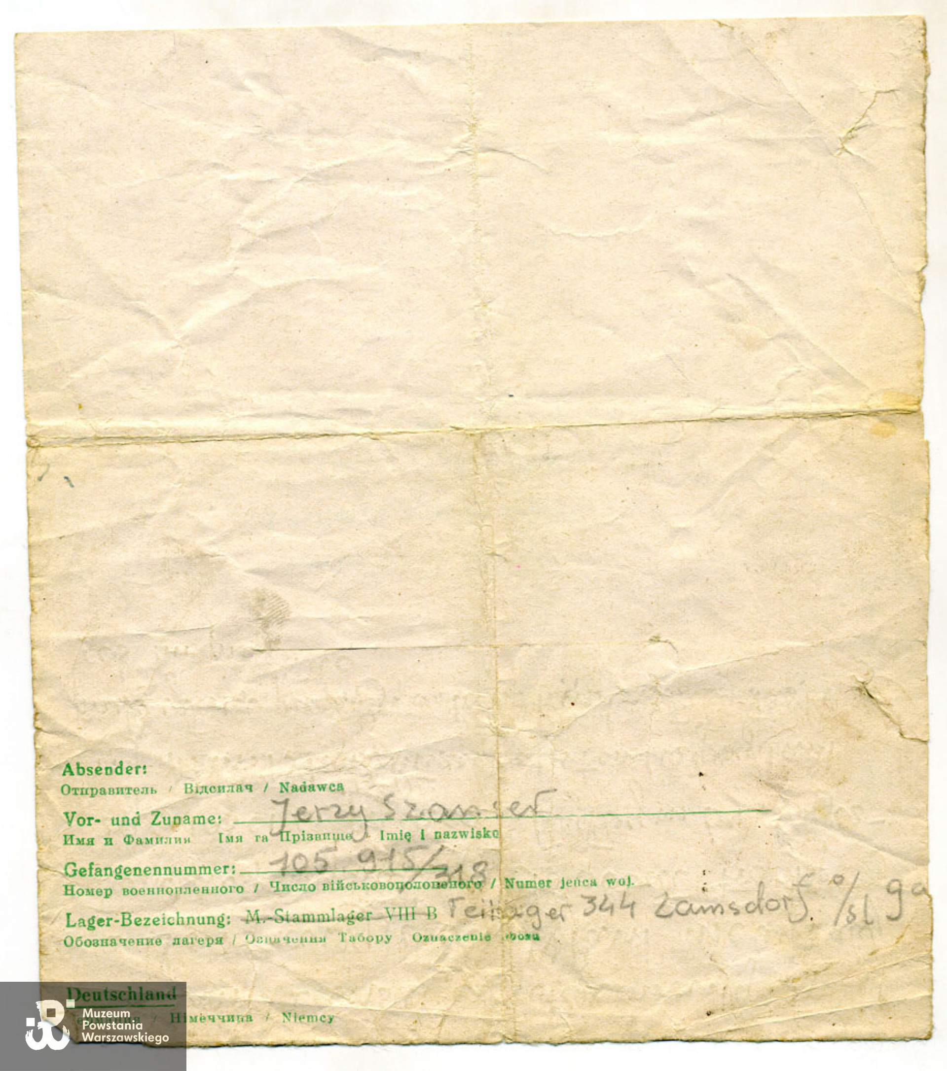 Fragment listu z obozu Lamsdorf, z dn. 17.11.1944, napisanego przez Jerzego Szansera do  Zofii Zawadzkiej (ciotki p. Barbary Tumanowicz - ofiarodawczyni). List przedarty, w częściach. Zbiory Muzeum Powstania Warszawskiego, sygn. MPW-A-7204 (P/6439/08)