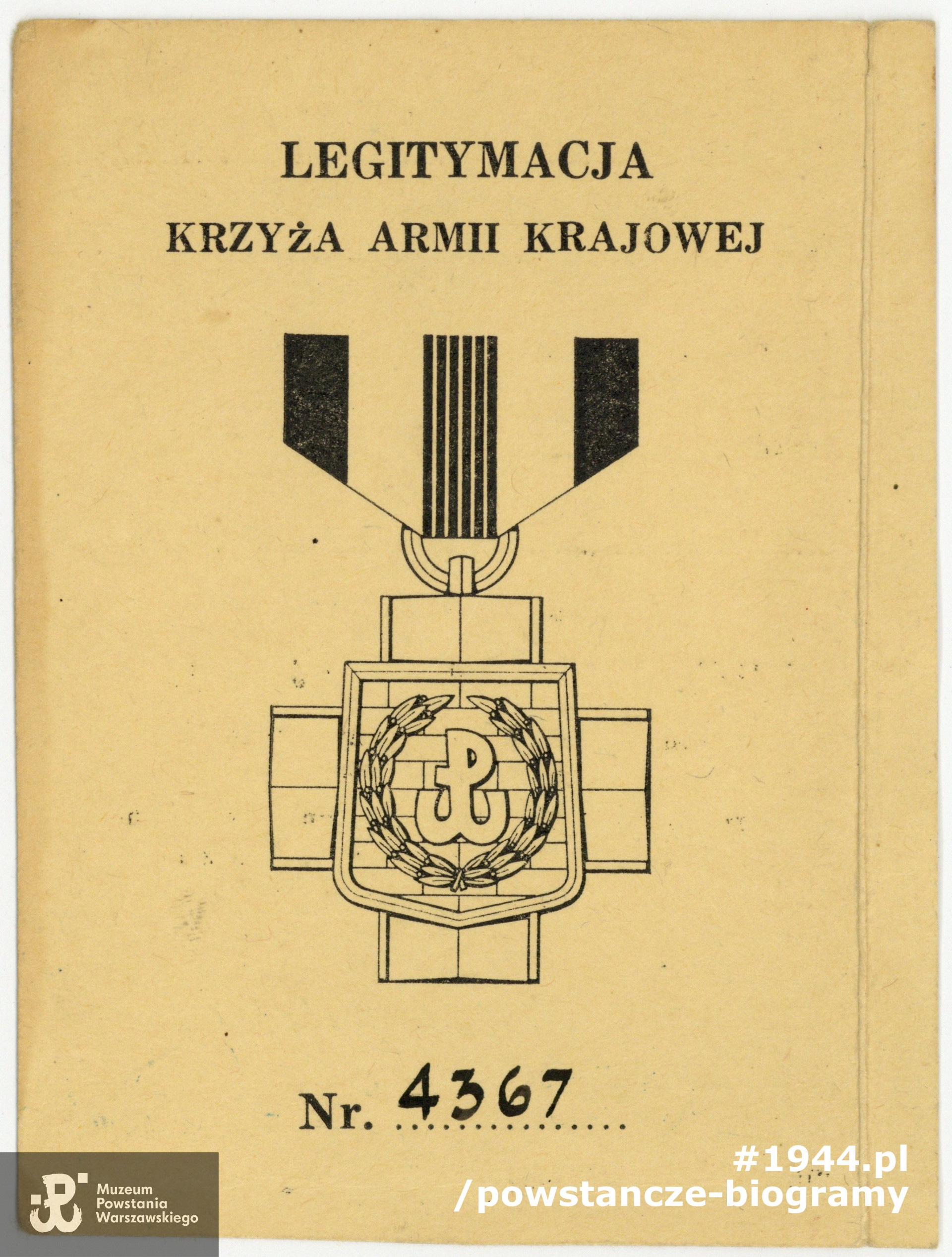 Legitymacja Krzyża AK. Z archiwum rodzinnego córki, p. Joanny Brejnak