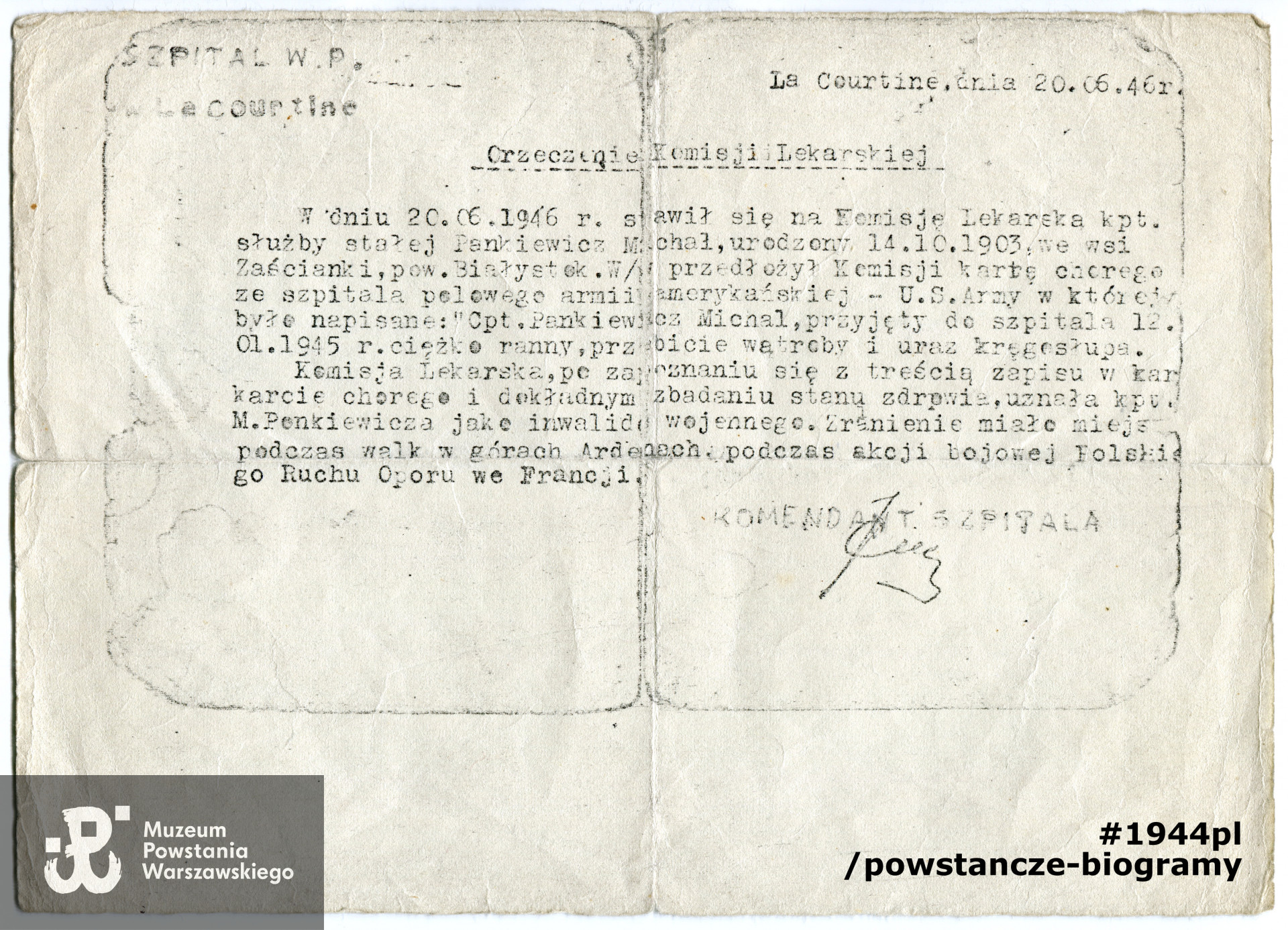 Kopia orzeczenia Komisji Lekarskiej - Szpital WP w La Courtine, 20.06.1946 r. Dokument z archiwum rodzinnego p. Elżbiety Marciniak 