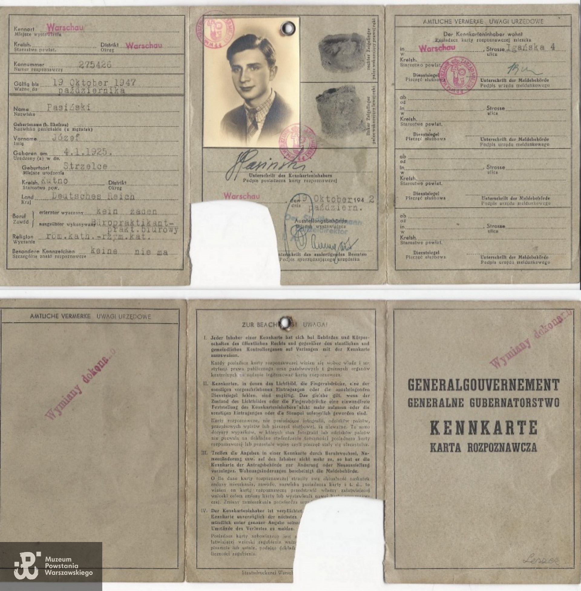 Kenkarta Witolda Komara wyrobiona na fałszywe nazwisko "Pasiński Józef". Fot. zbiory MPW / przekazała Wanda Grobelkiewicz.