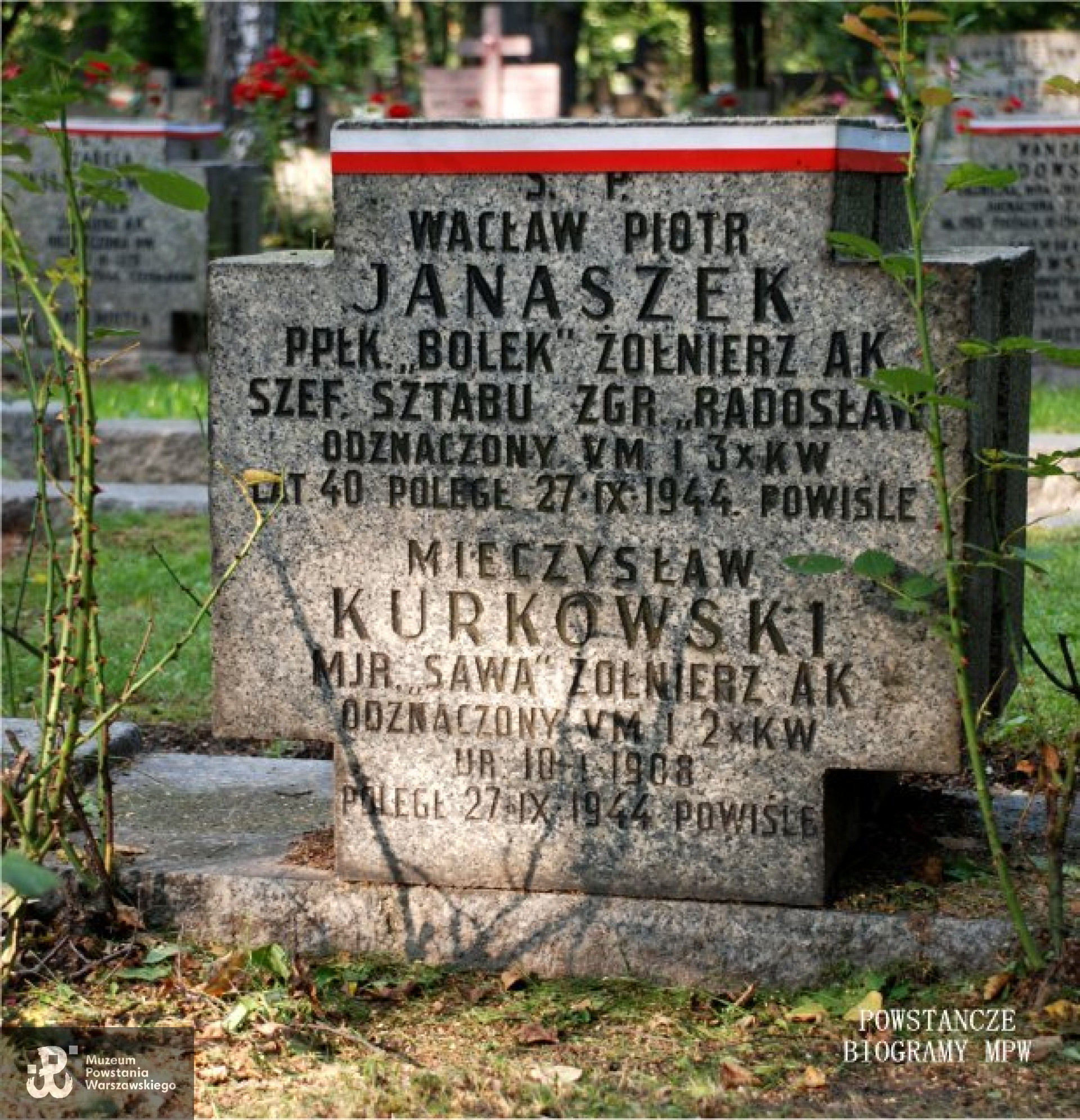 Mogiła mjr Mieczysława Kurkowskiego i ppłk Wacława Janaszka na Cmentarzu Wojskowym na  Powązkach w Warszawie. <i>Źródło fot. Wikipedia</i>