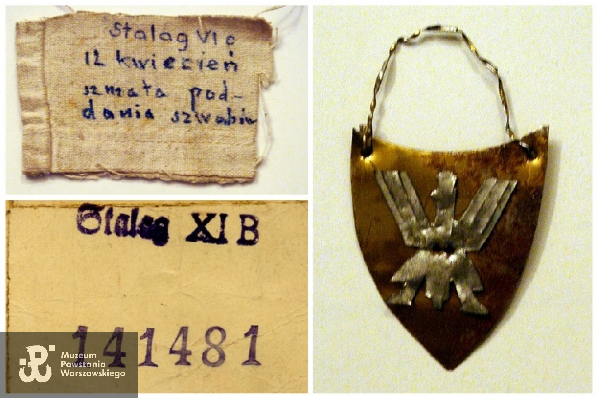 Pamiątki obozowe - numer jeniecki - Stalag XI B - 141481, ryngraf wykonany z blachy puszek w obozie jenieckim Oberlangen należący do Hanny Szczepanowskiej oraz fragment białej flagi wywieszonej przez Niemców jako oznaka poddania  obozu Oberlangen. Archiwum rodzinne Hanny Szczepanowskiej / J. Wawszczyk.