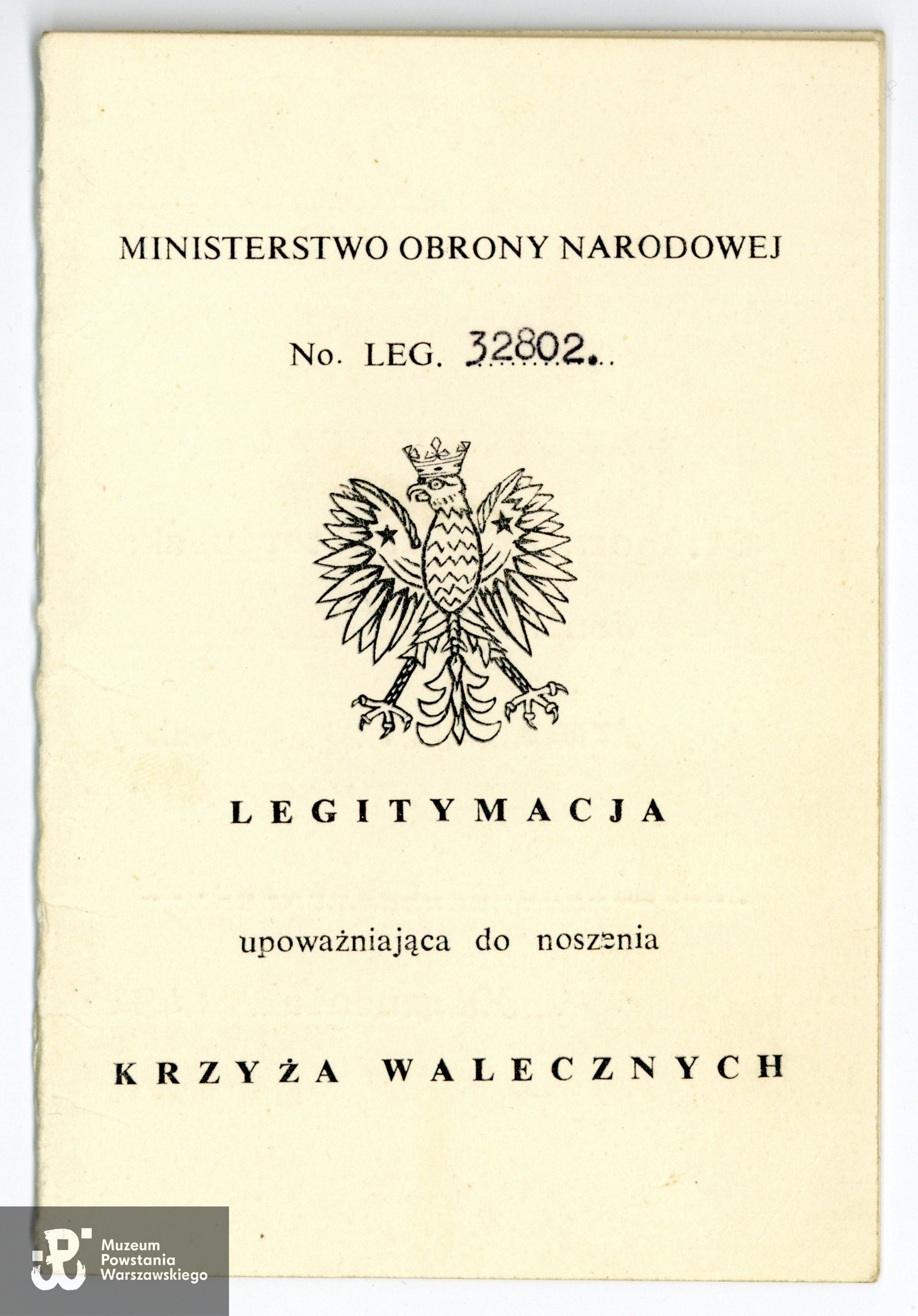 Legitymacja Krzyża Walecznych. Zbiory Muzeum Powstania Warszawskiego, sygn. P/7838/13,   dar p. Eugeniusza Kaczyńskiego