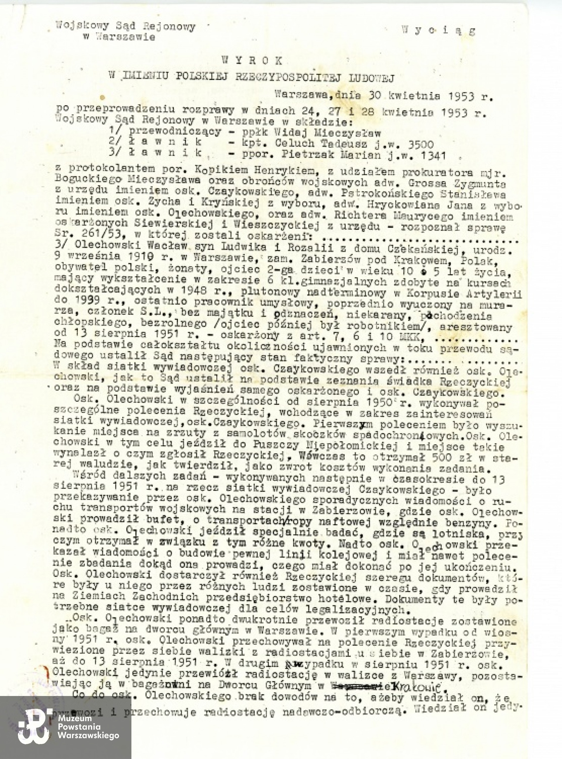 Wyrok Wojskowego Sądu Rejonowego w Warszawie  - 30 IV 1953. Z archiwum rodzinnego Michała Łukaszczyka