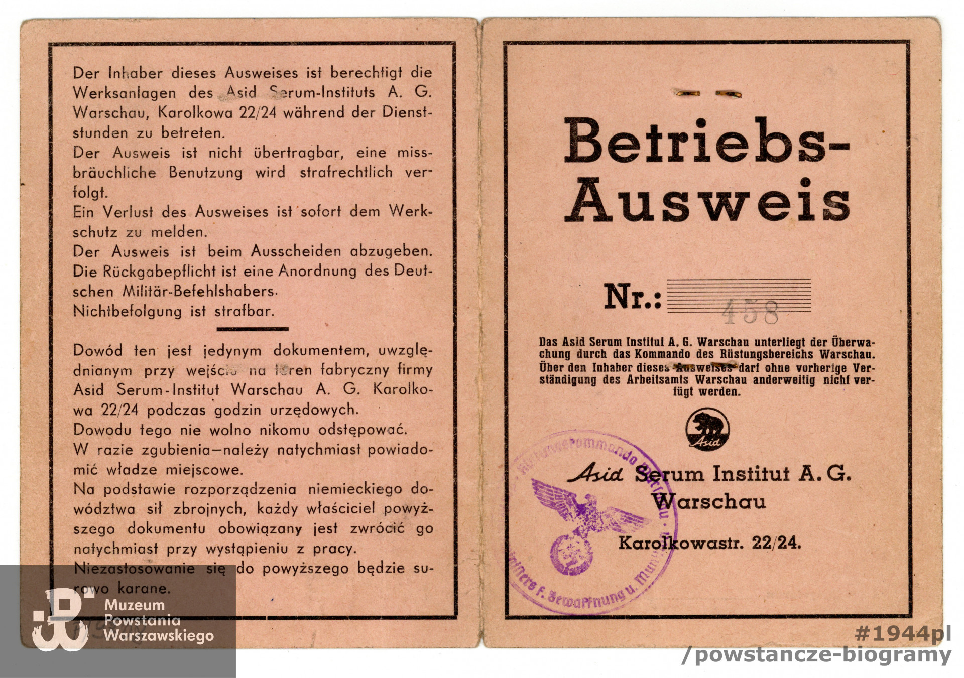 Należąca do Anny Chycki legitymacja pracownicza (Betriebs-Ausweis). Dokument wystawiony przez Asid Serum Institut A.G.  Ze zbiorów Muzeum Powstania Warszawskiego, sygn. P/9308