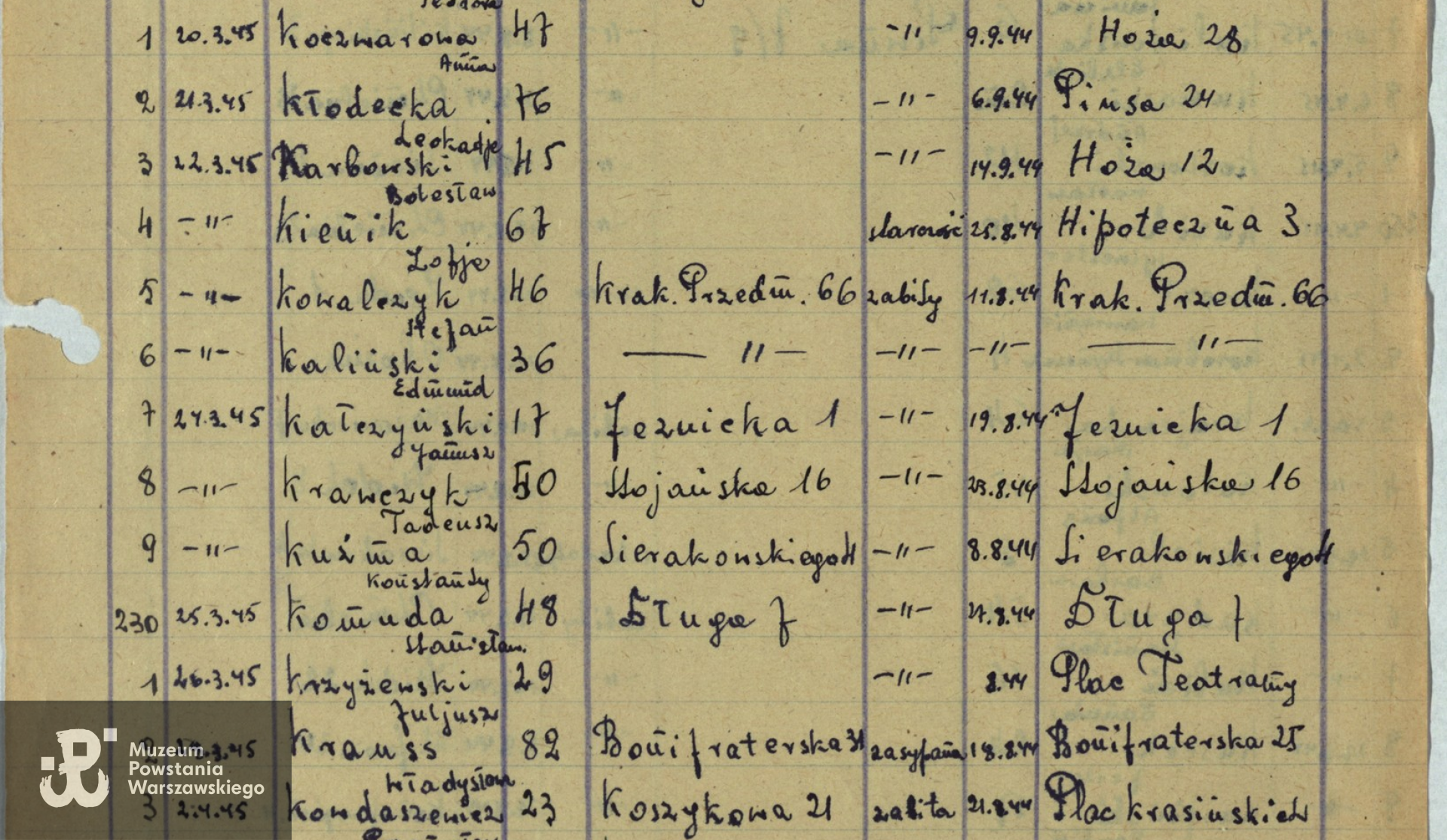 Archiwum Państwowe m. st. Warszawy - listy ekshumowanych, pozycja 9: Konstanty Kuźma (w zapisie AP błędnie jako Kużma)