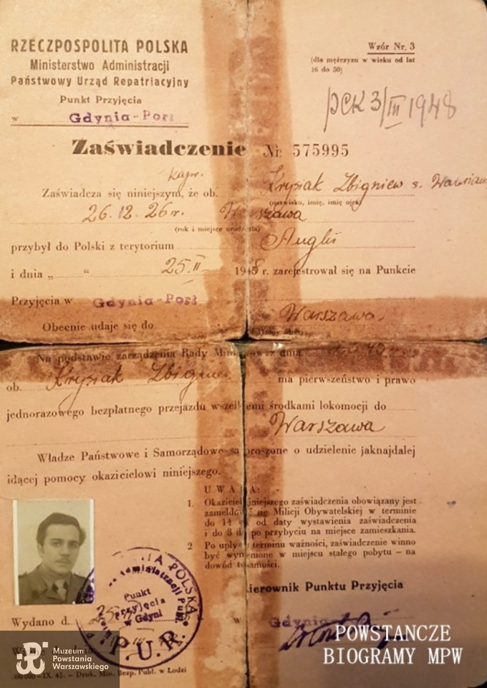 Zaświadczenie PUR. Z archiwum rodzinnego Janusza Krysiaka
