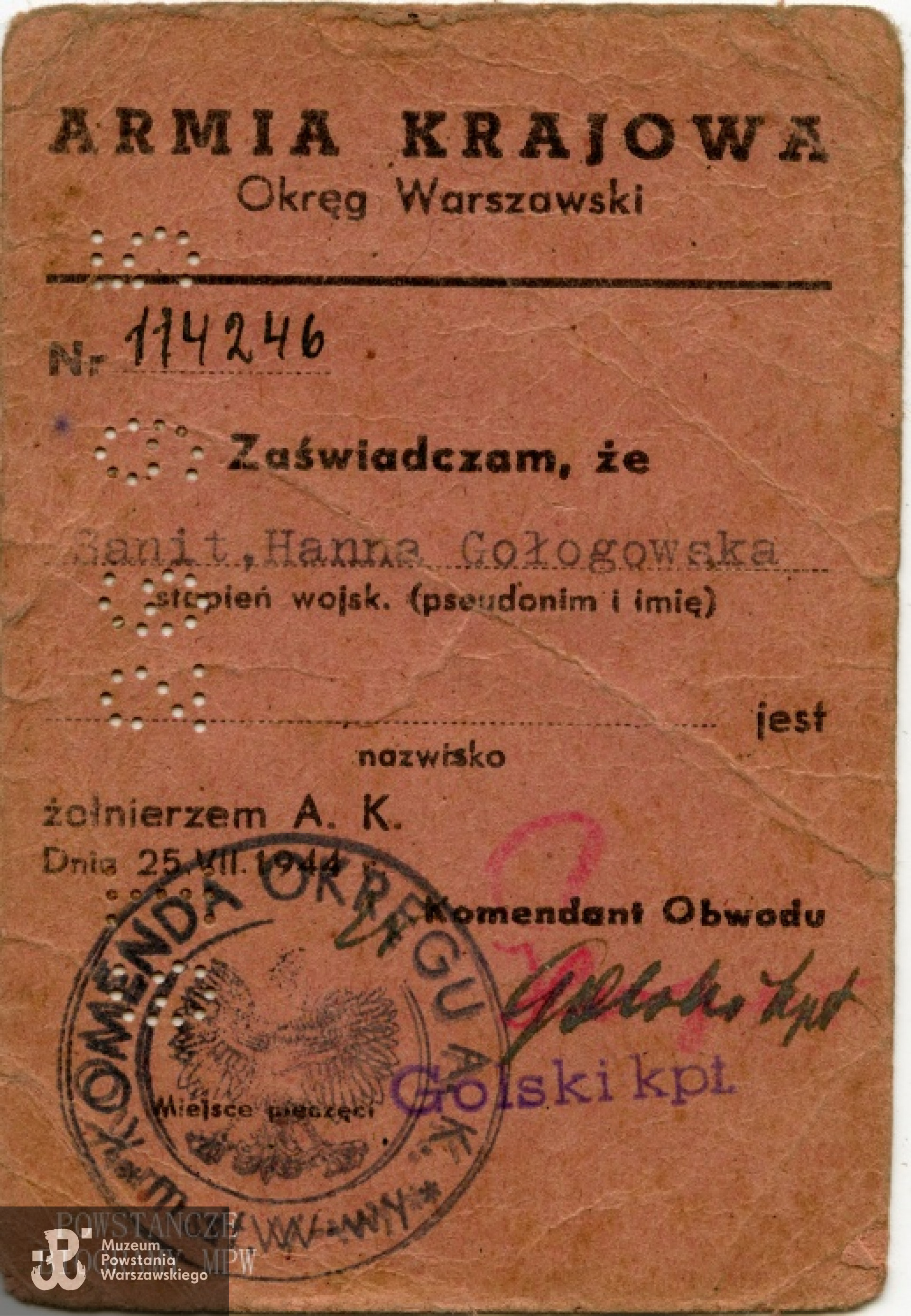 Legitymacja AK Anny Gołogowskiej. Z archiwum rodzinnego Moniki Ponc.