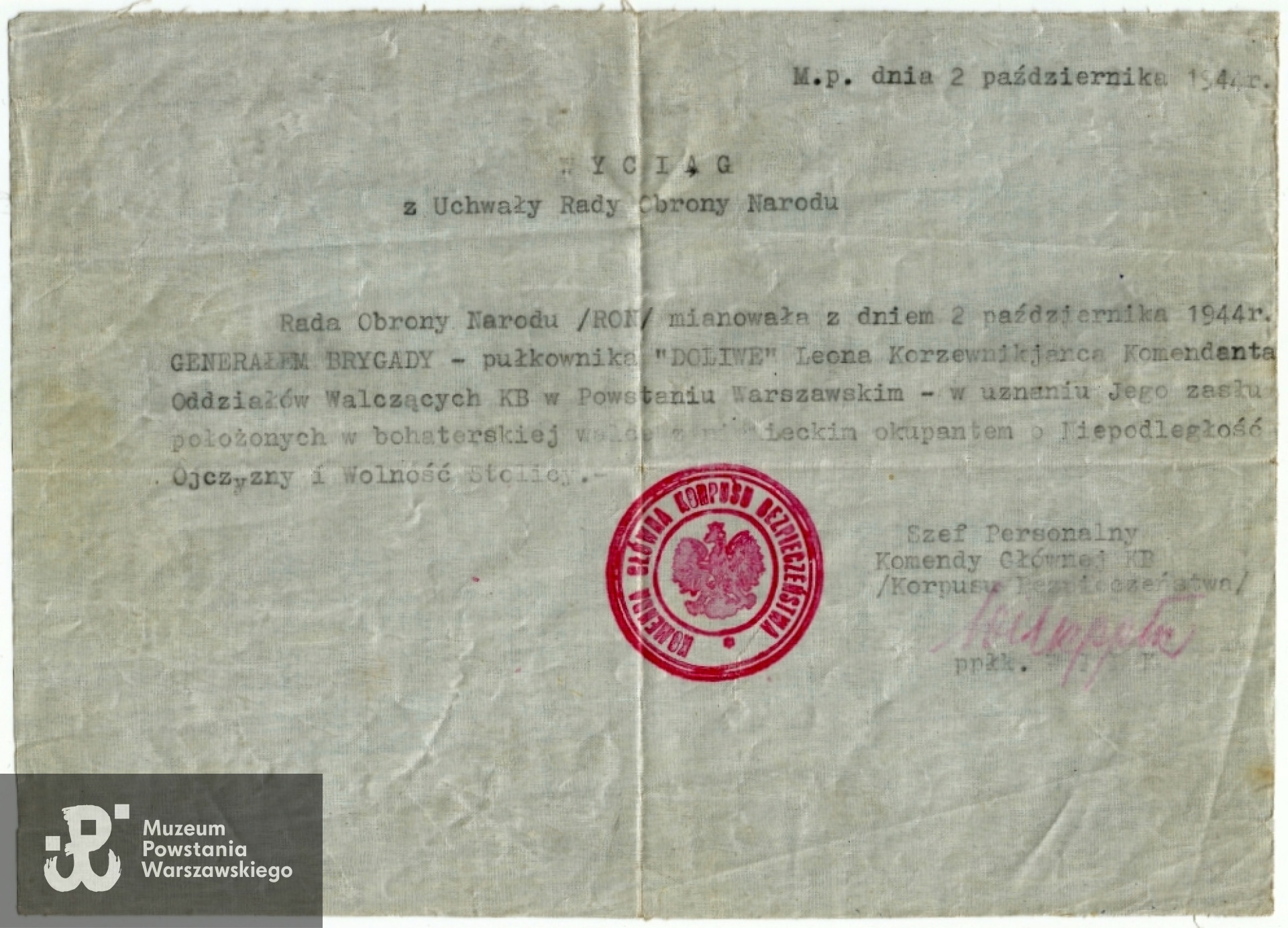 Wyciąg z Uchwały Rady Obrony Narodu - 2.10.1944. Skan z  materiałów p. Iwony Paciok, udostępnił st. kpt. Paweł Gil z Państwowej Straży Pożarnej w Gdyni