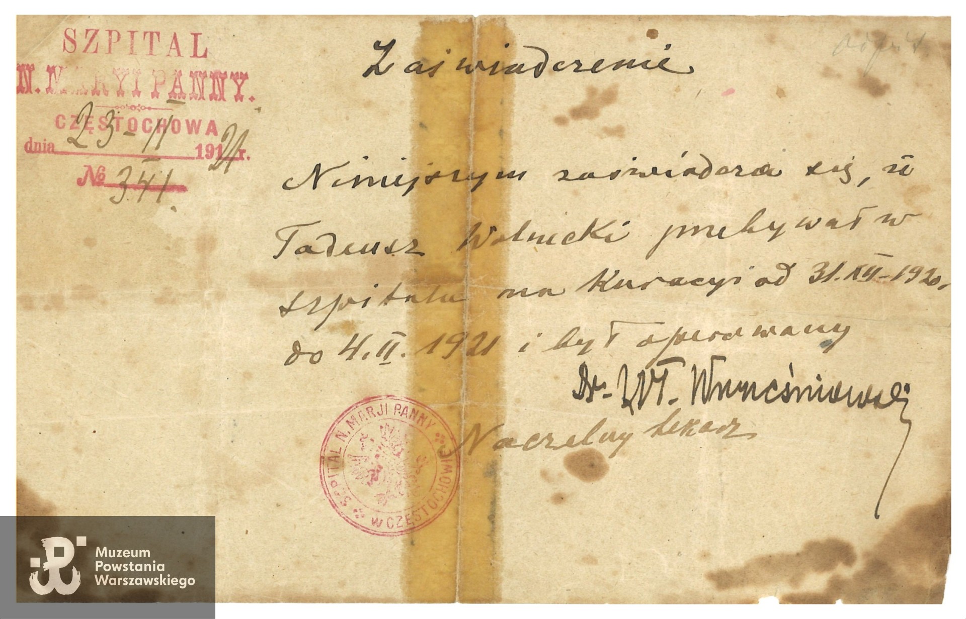 Zaświadczenie o pobycie Tadeusza Wolnickiego w szpitalu w Częstochowie,  luty 1921 r. Ze zbiorów rodzinnych p. Zbigniewa Grzegorza Wolnickiego, syna Powstańca, skan udostępniła dr Katarzyna Wolnicka, wnuczka (2024)