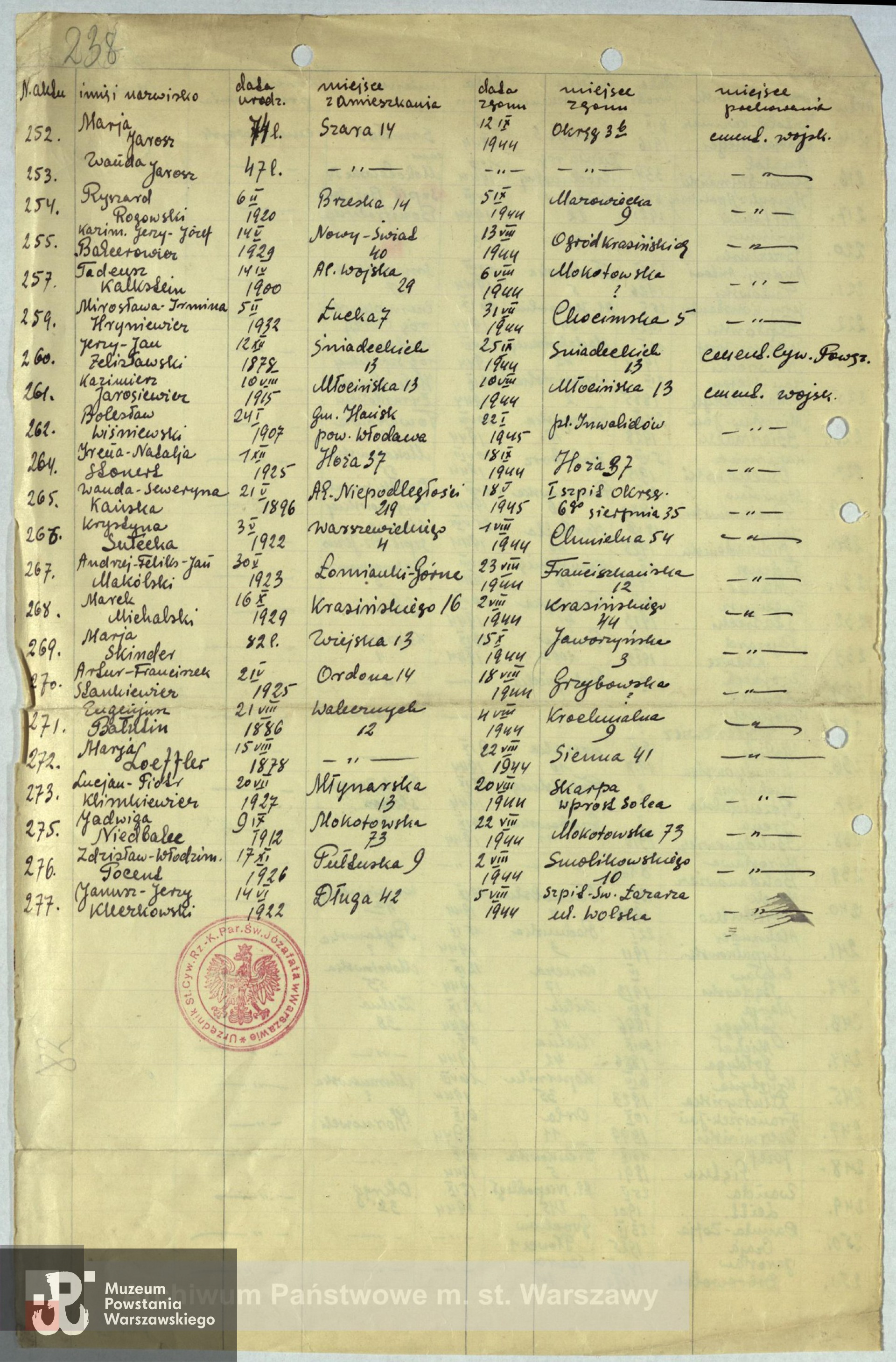 Lista ekshumacyjna. Pozycja 267 - Andrzej Feliks Jan Makólski. Ze zbiorów Archiwum Państwowego m. st. Warszawy