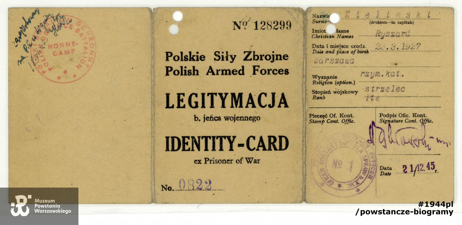 Legitymacja Byłego Jeńca Wojennego. Z archiwum rodzinnego p. Ryszarda Mariana Zielińskiego ps. „Ryś” 