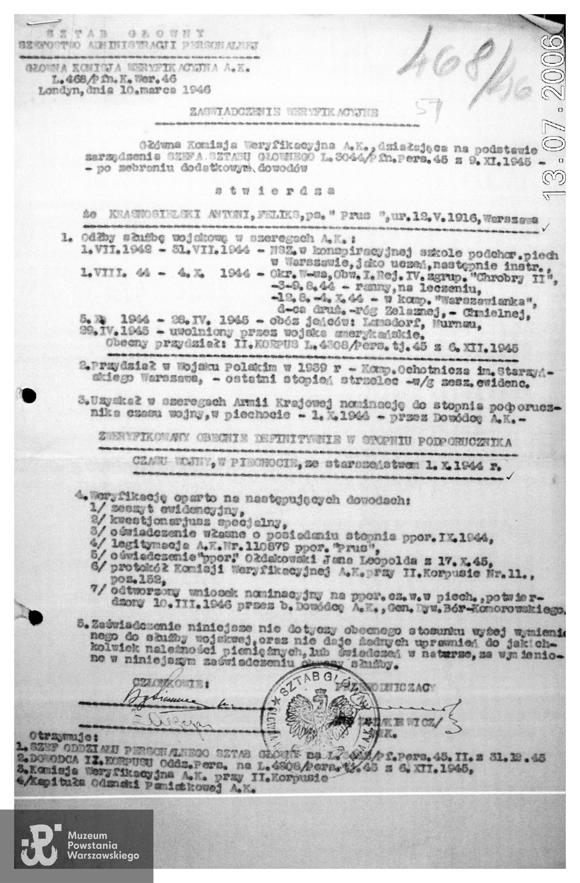 Zaświadczenie weryfikacyjne Głównej Komisji Weryfikacyjnej AK z 10.03.1946. Muzeum Powstania Warszawskiego, Teczki personalne uczestników Powstania Warszawskiego: Krasnosielski Antoni Feliks. 