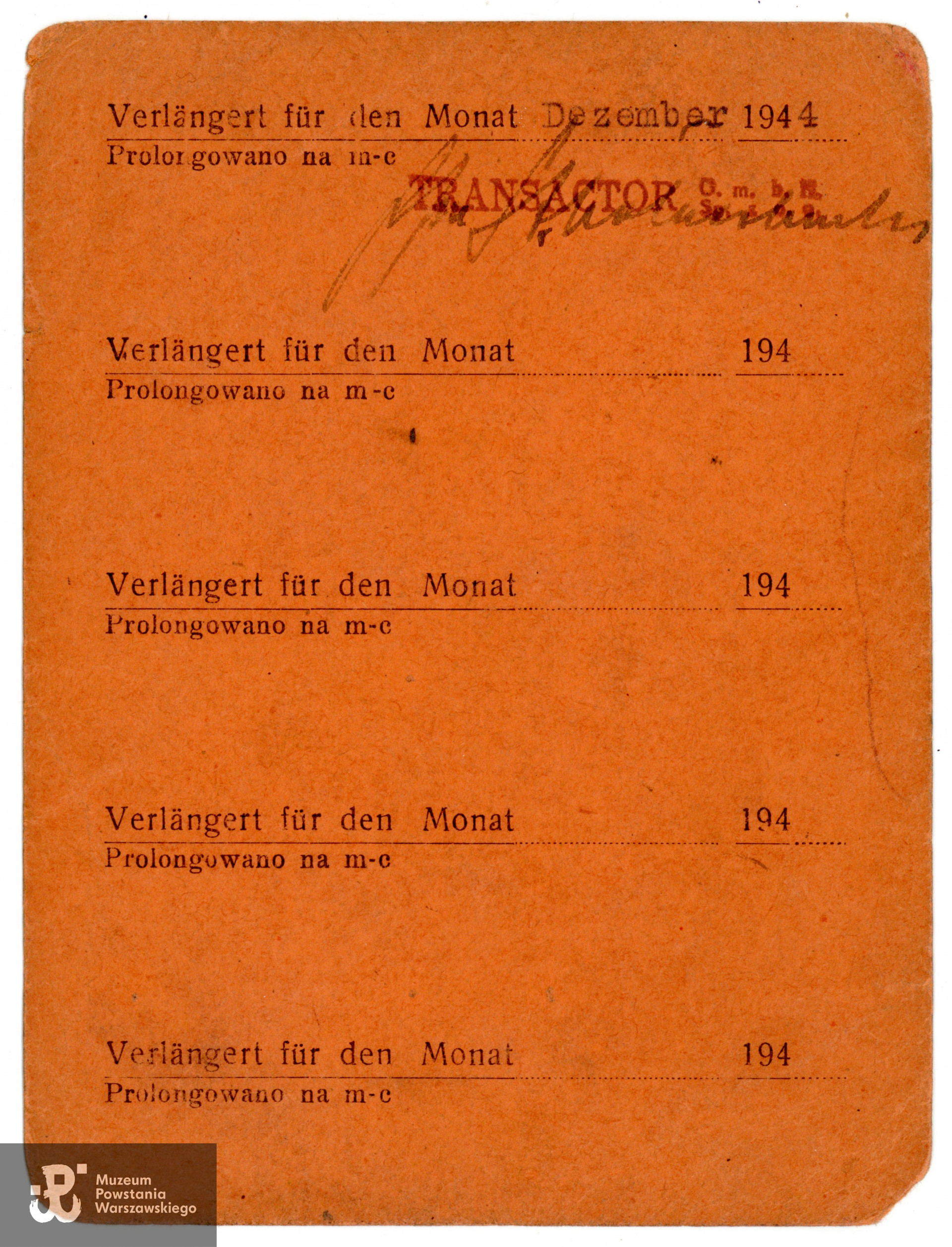 Arbeitsausweis. Dokument z archiwum rodzinnego p. Pawła Poławskiego, syna Powstańca. Skan wykonano w Muzeum Powstania Warszawskiego w grudniu 2023. 