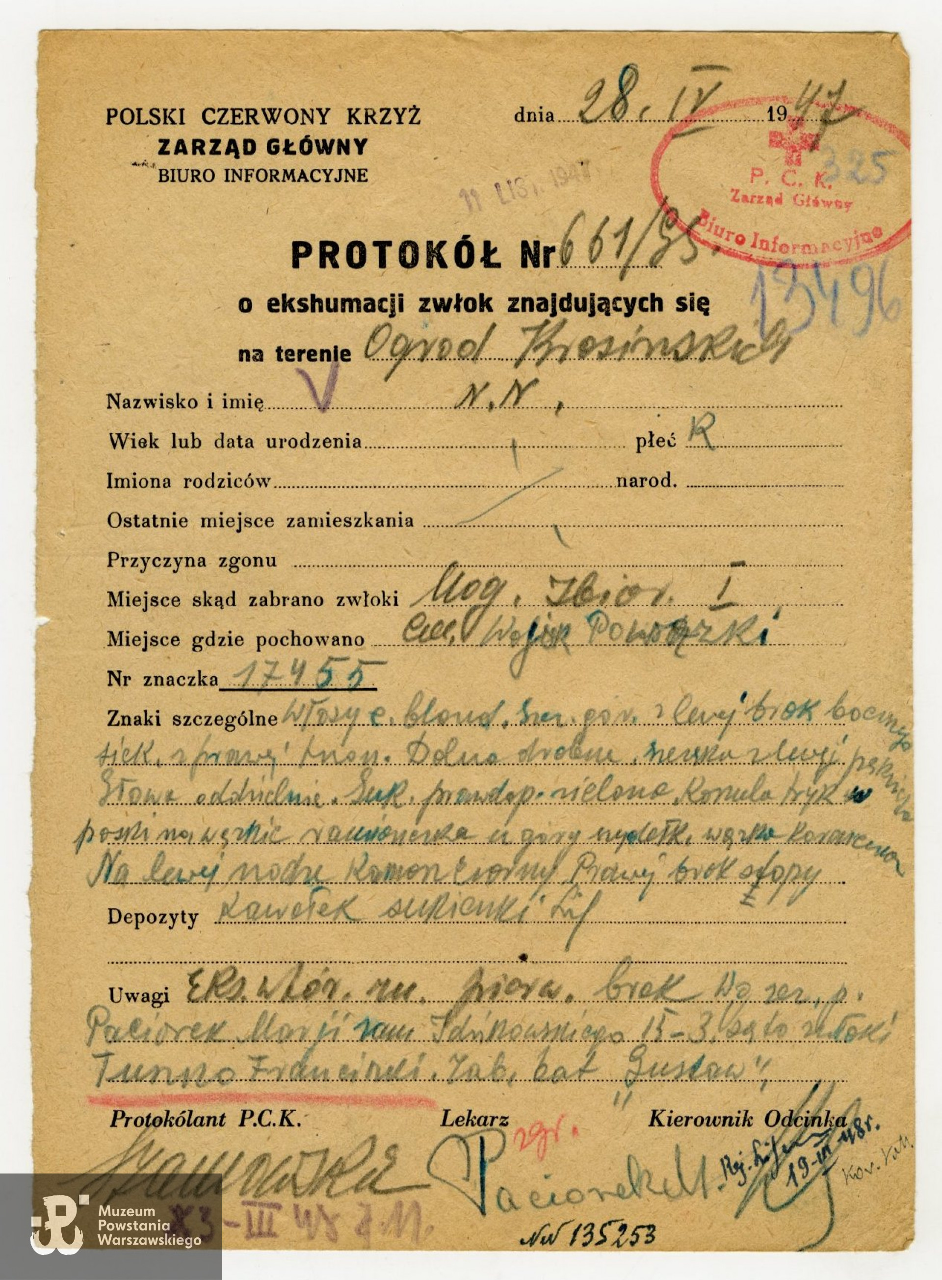 Polski Czerwony Krzyż, Lista Strat 13496: protokół z ekshumacji zwłok NN nr znaczka 17455 z terenu Ogrodu Krasińskich z dnia 28 kwietnia 1947 roku. Najprawdopodobniej dotyczy innej poległej omyłkowo zidentyfikowanej przez Marię Paciorek jako Franciszka Tuszko.