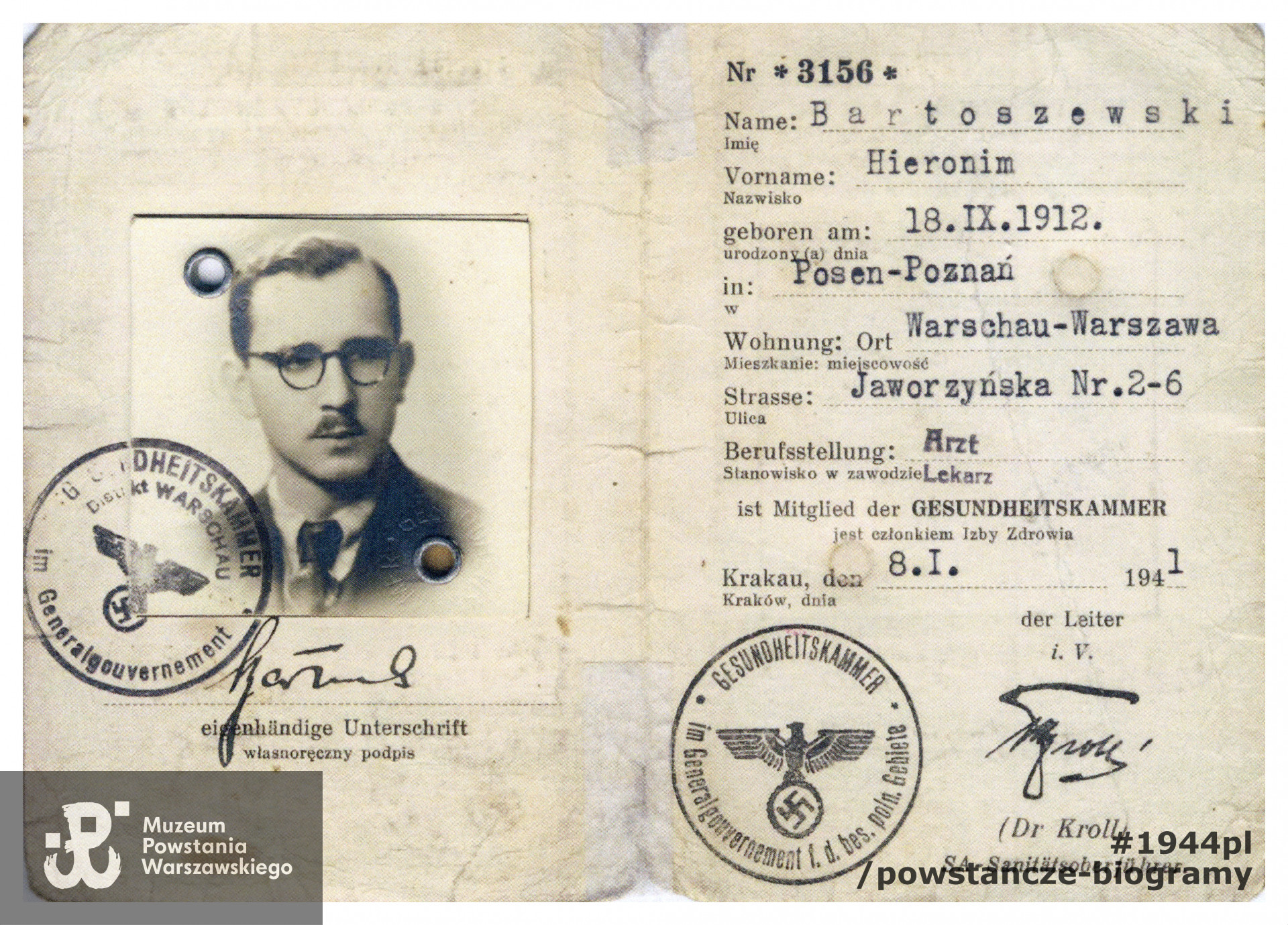 Należący do dr. Hieronima Bartoszewskiego Ausweis z okresu okupacji niemieckiej (1941). Dokument ze  zbiorów rodzinnych