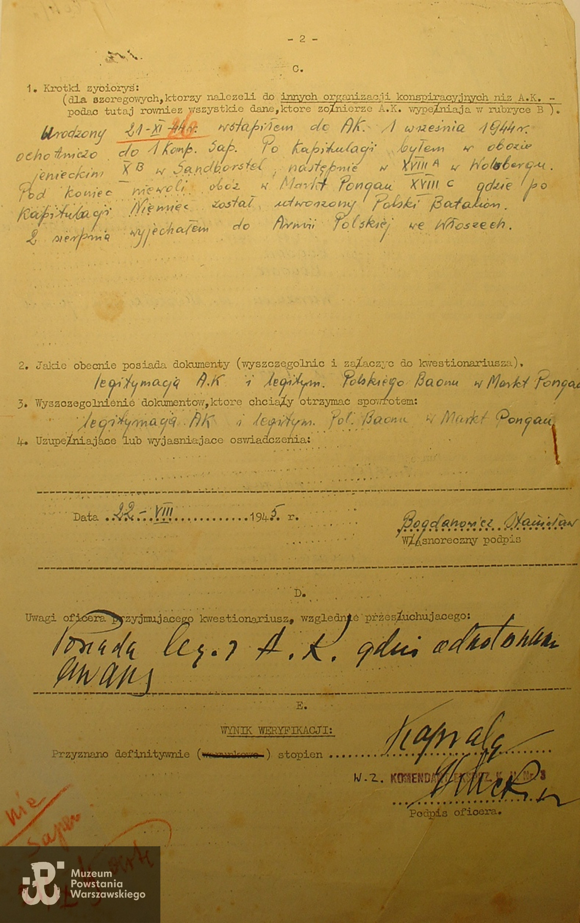 Studium Polski Podziemnej w Londynie - akta komisji weryfikacyjnej - kwestionariusz specjalny. Źródło: SPP