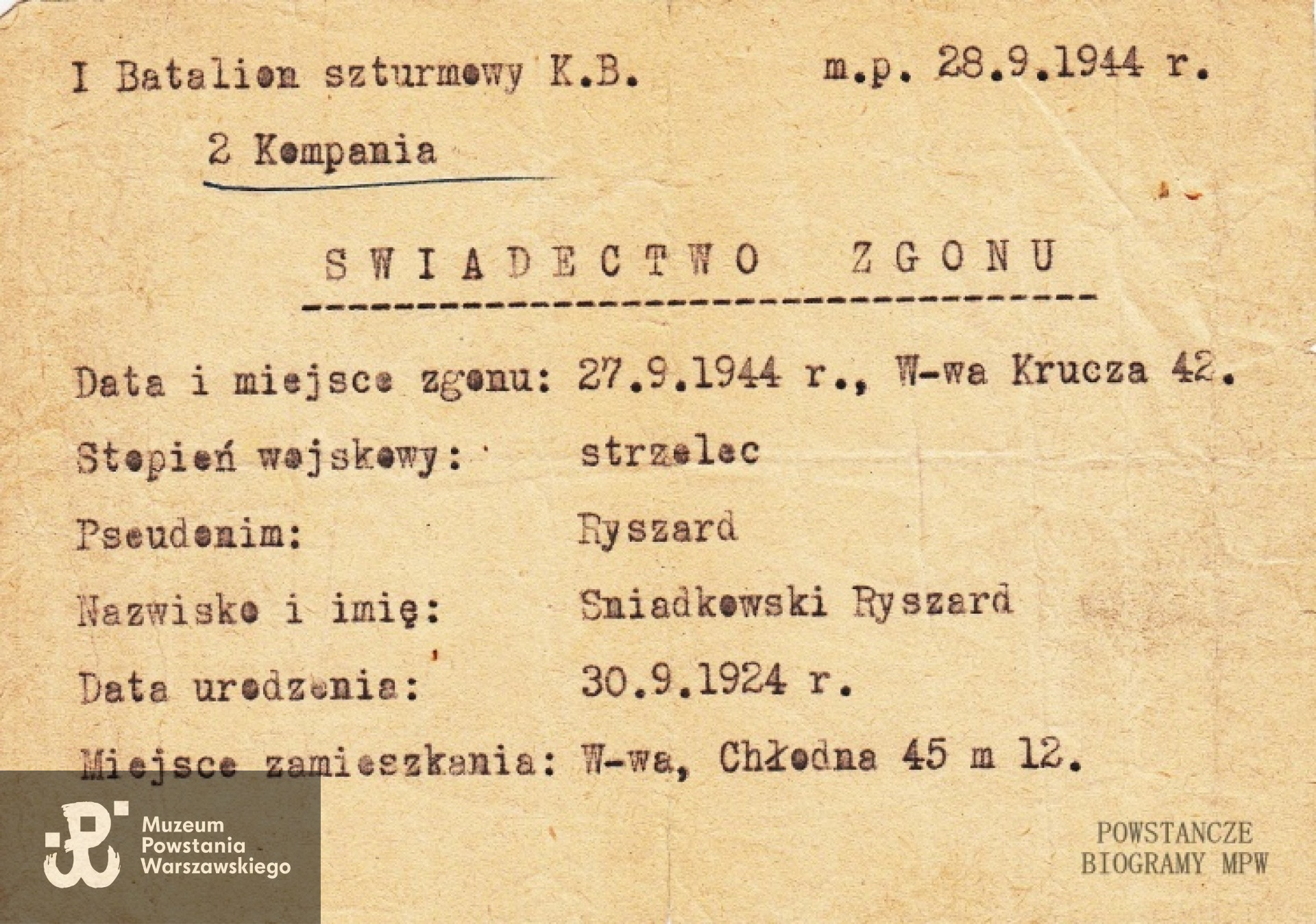 Świadectwo zgonu Ryszarda Śniadkowskiego ps. "Rysiek". Z archiwum rodzinnego Lecha Drągowskiego