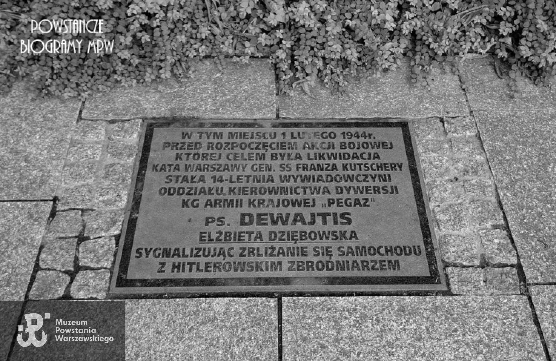 Tablica w Alejach Ujazdowskich w Warszawie, upamiętniająca udział "Dewajtis" w akcji bojowej "Kutschera". Fot. wikipedia