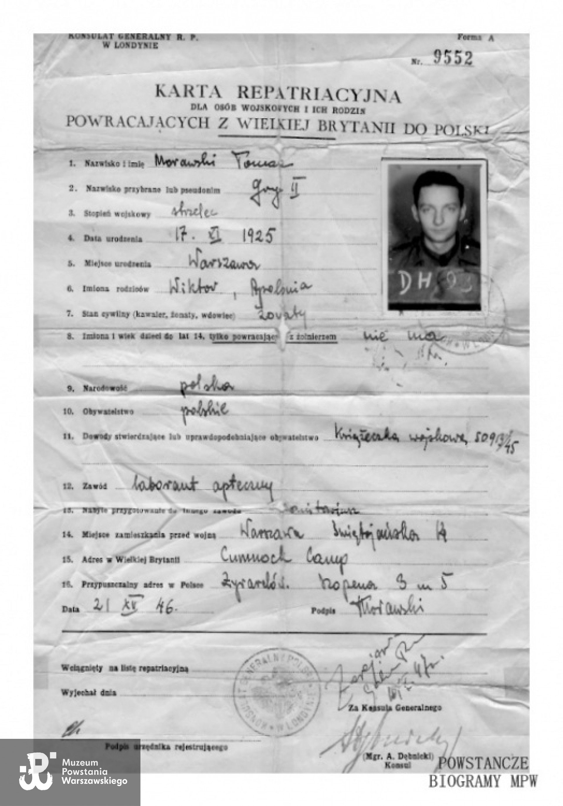 Karta repatriacyjna - 1946 r. Z archiwum rodzinnego Marka Morawskiego.