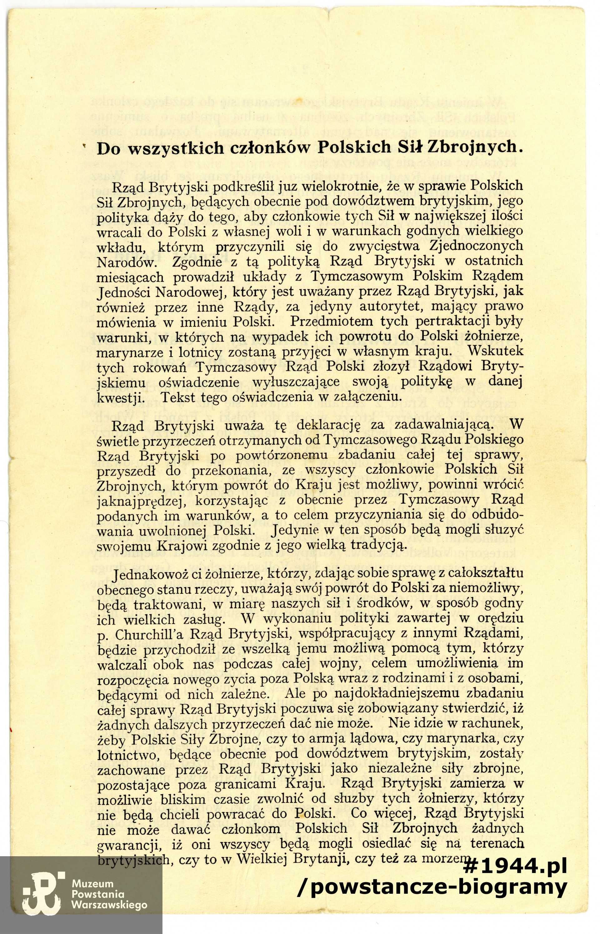 Druk ulotny: "Do wszystkich członków Polskich Sił Zbrojnych". Ze zbiorów Muzeum Powstania Warszawskiego, sygn. P/8068