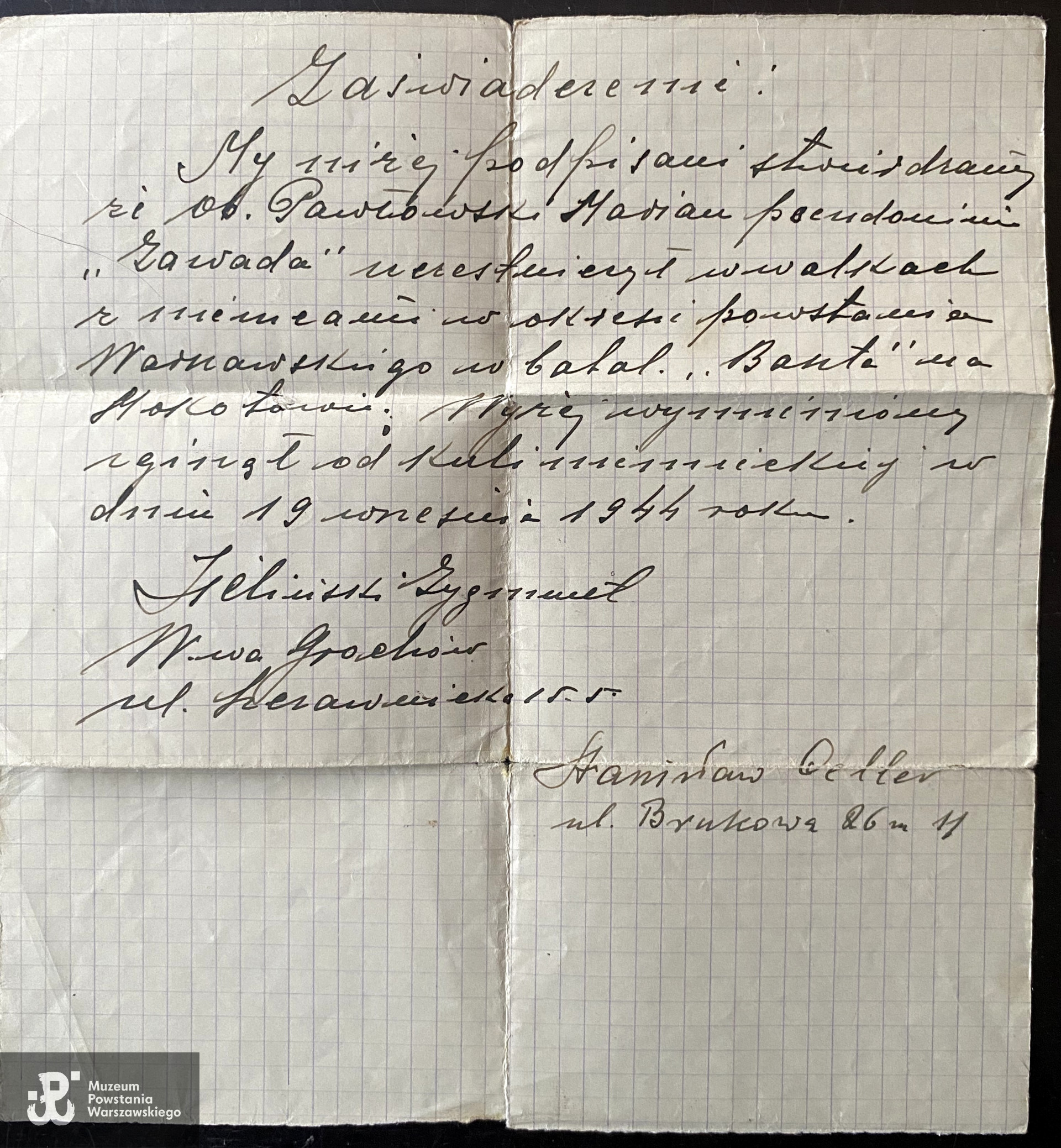 Oświadczenie świadków: por. Stanisława Cellera ps. Kalina (1900-1957) oraz Zygmunta Zielińskiego ps. Pomsta. Ze zbiorów p. Lidii Pawłowskiej - Mijalskiej, skan udostępnił p. Stanisław Kos