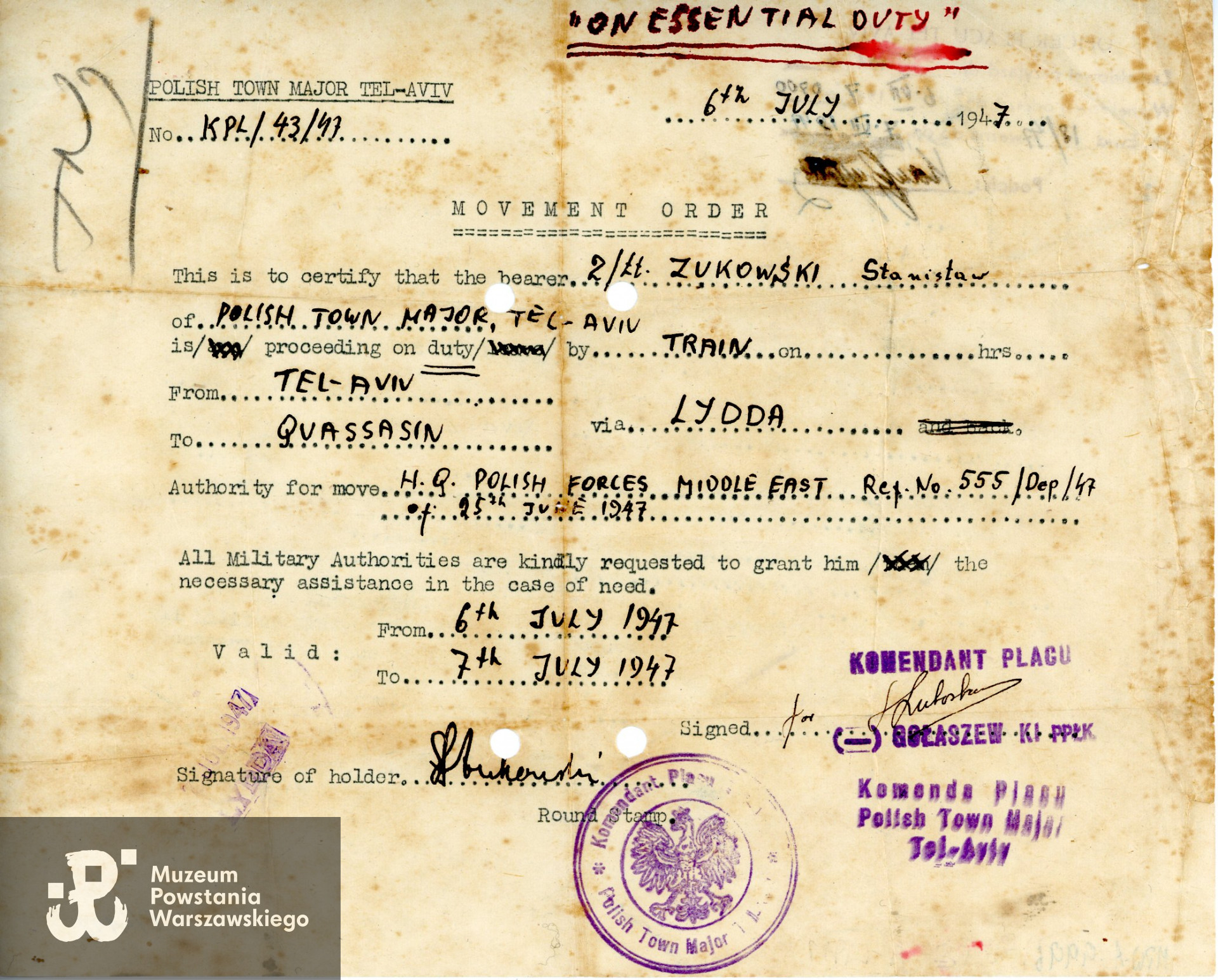 Rozkaz wyjazdu z Tel Awiwu do El Quassasin w Egipcie, wystawiony dla ppor. Stanisława Żukowskiego [Aronson]. Zbiory Muzeum Powstania Warszawskiego; sygn. MPW-A-9996.