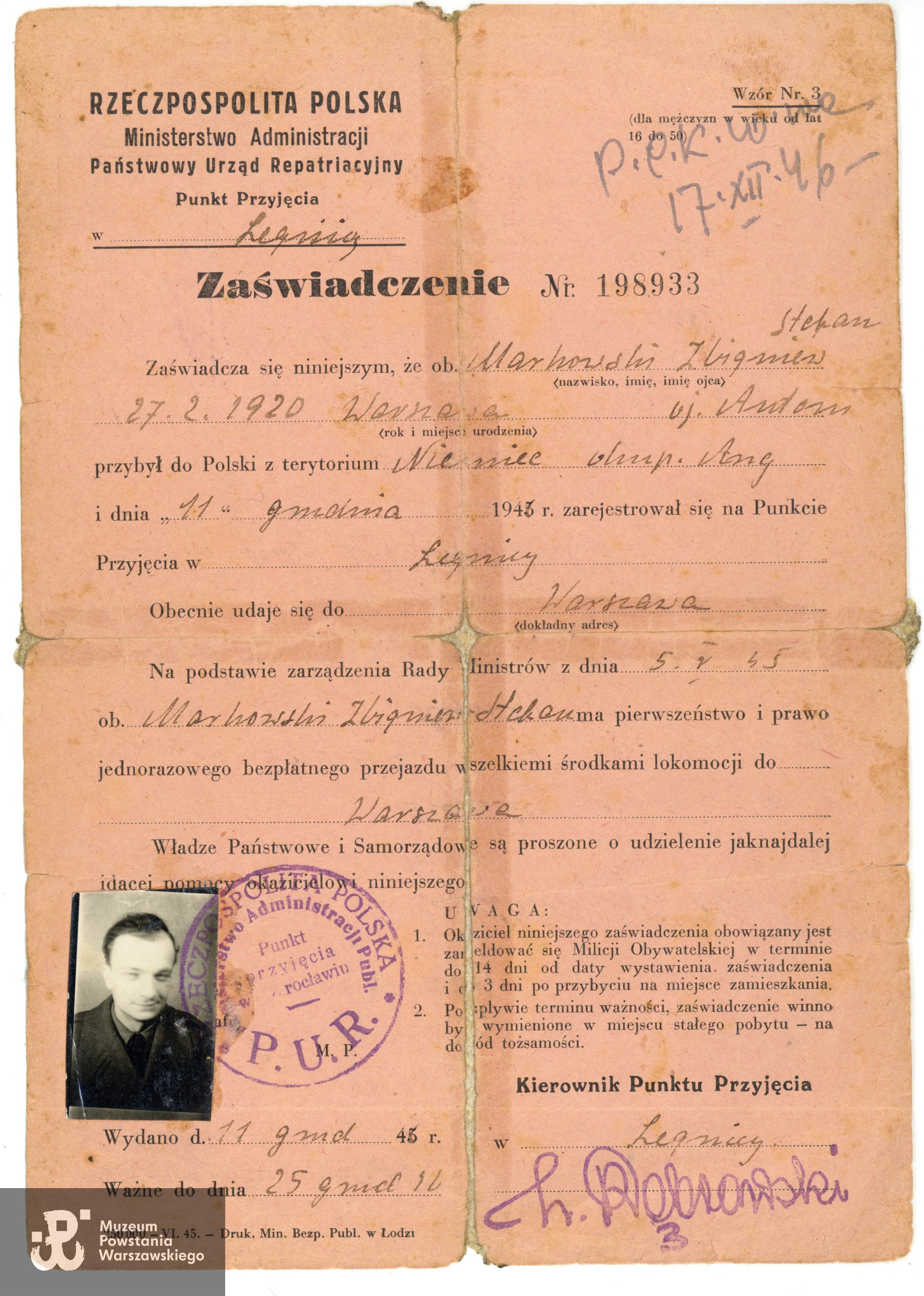 Zaświadczenie Państwowego Urzędu Repatriacyjnego. Ze zbiorów rodzinnych p. Bartosza Markowskiego, wnuka Powstańca. Skan wykonano w Muzeum Powstania Warszawskiego, 11/2025