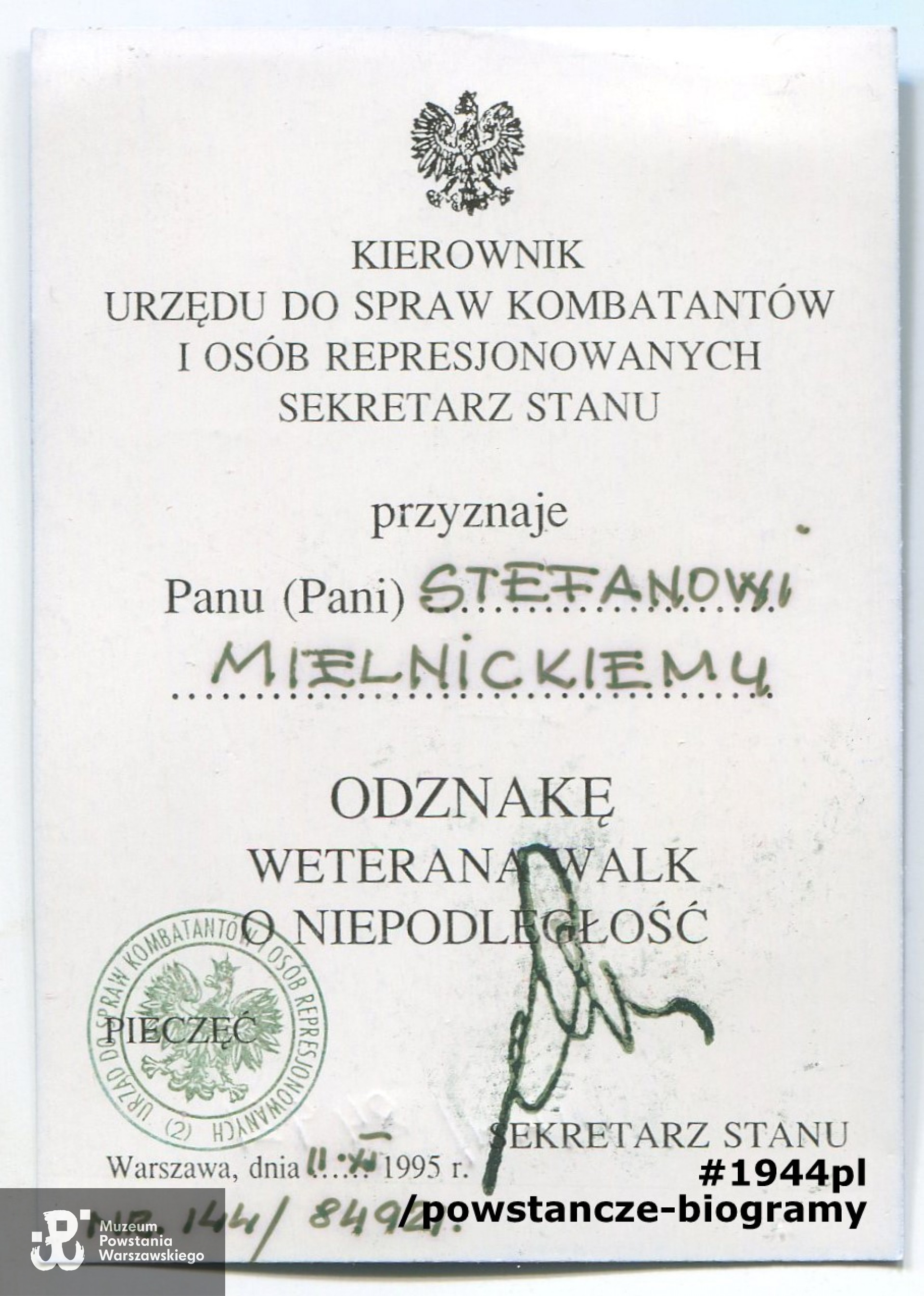 Ze zbiorów Stefana Mielnickiego ps. Mróz. Skan: Pokój Kombatanta MPW - materiały do Słownika Uczestników PW