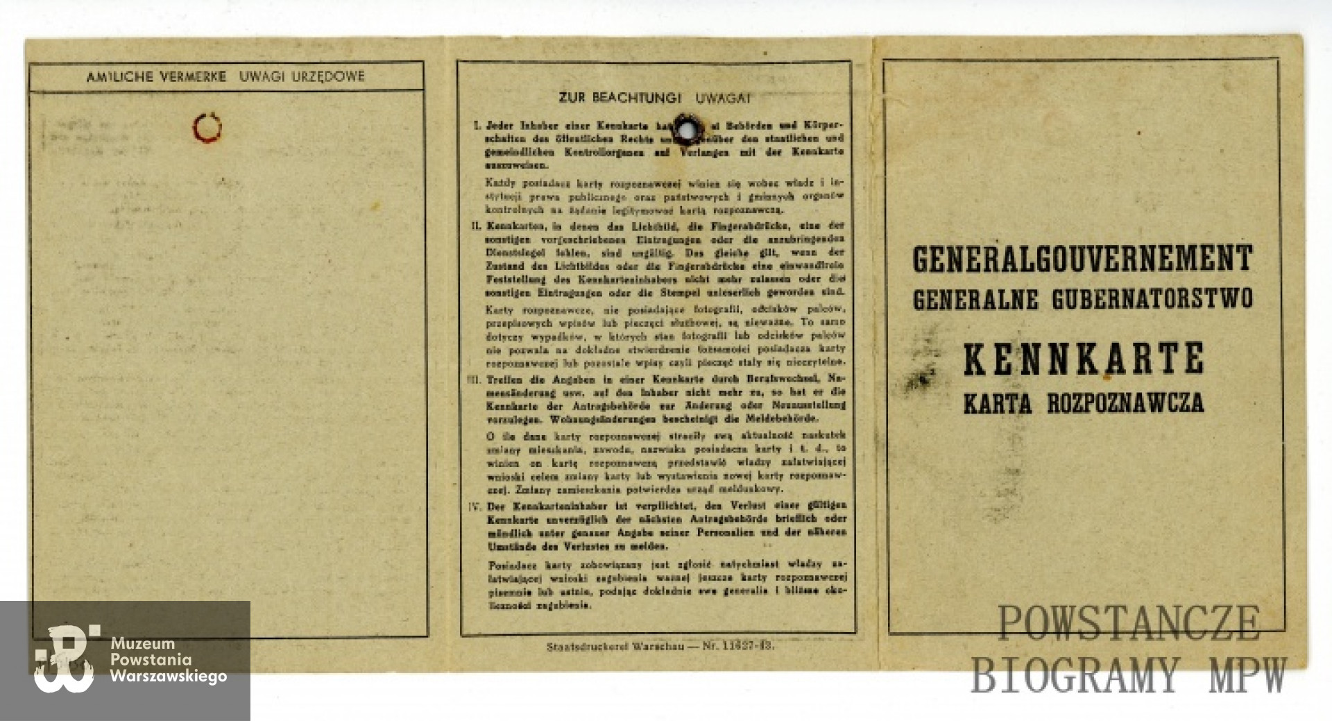 Karta Rozpoznawcza (kennkarte GG). Ze zbiorów Muzeum Powstania Warszawskiego, sygn. P/5450